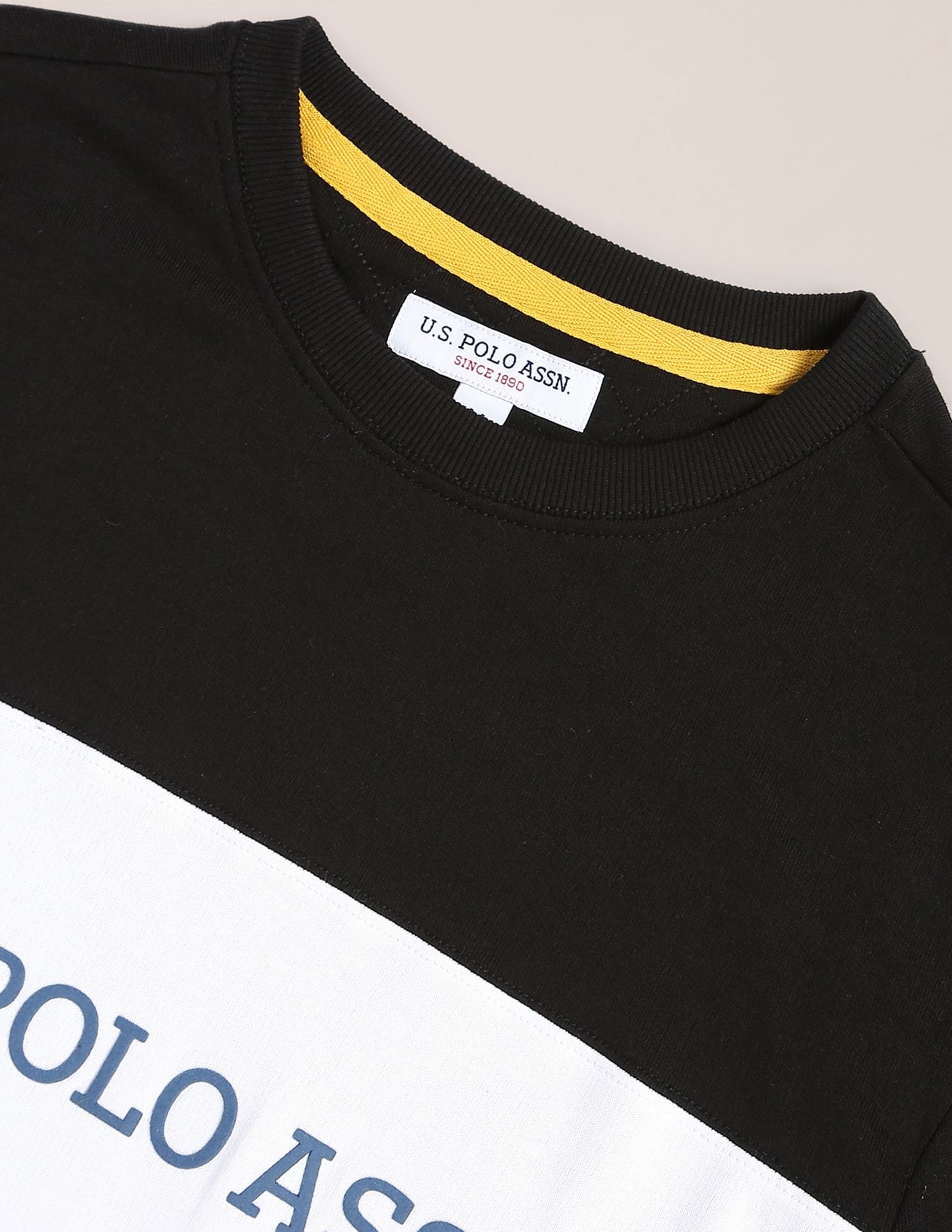 Men Black And Yellow Colour Block Crew Neck Sweatshirt Black and Yellow - U.S. POLO ASSN. | Large