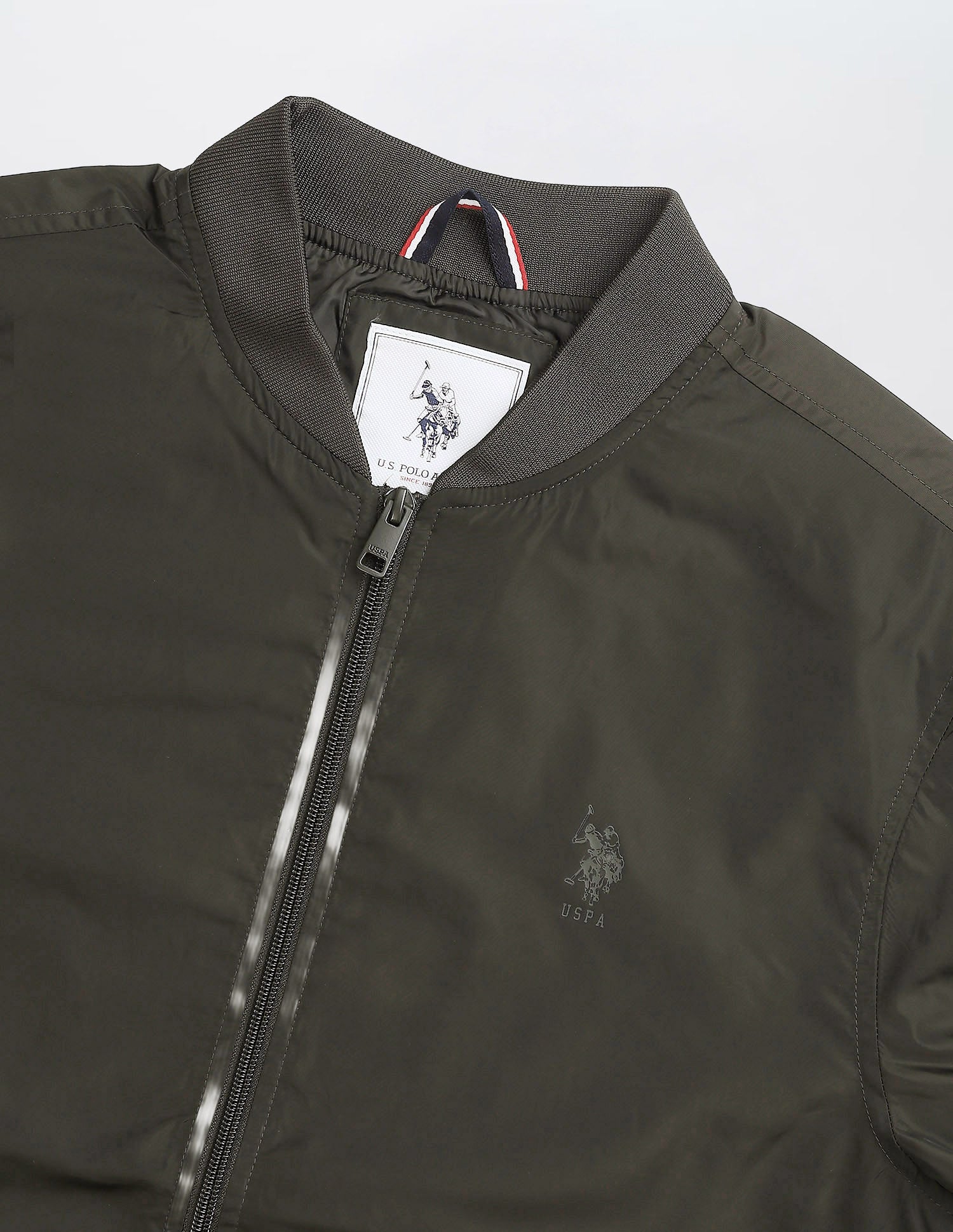 Solid Regular Fit Bomber Jacket Olive - U.S. Polo Assn. India | Large