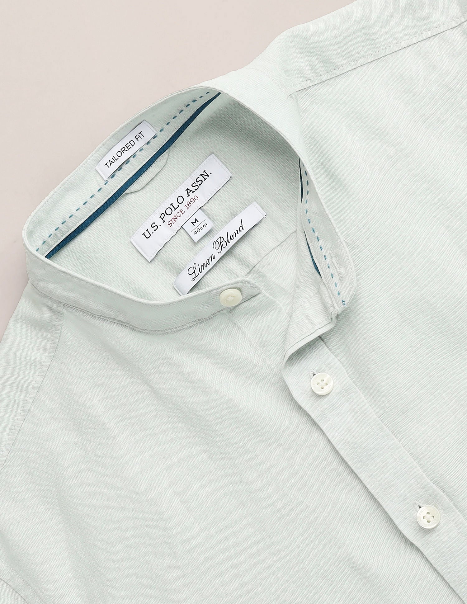 Mandarin Collar Linen Blend Shirt Light Aqua - U.S. Polo Assn. India | Large