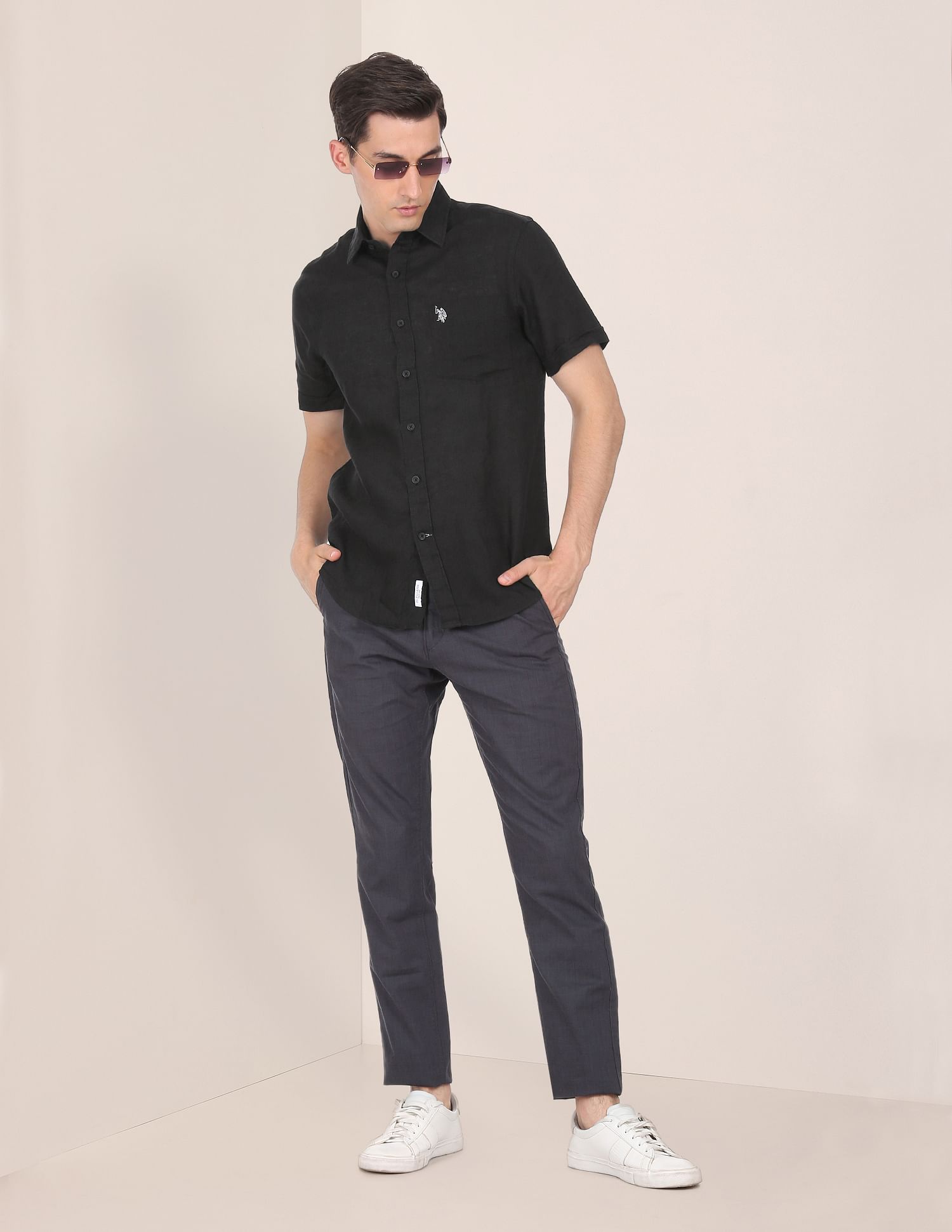 Men Black Short Sleeve Linen Solid Casual Shirt Black - U.S. POLO ASSN. | Large