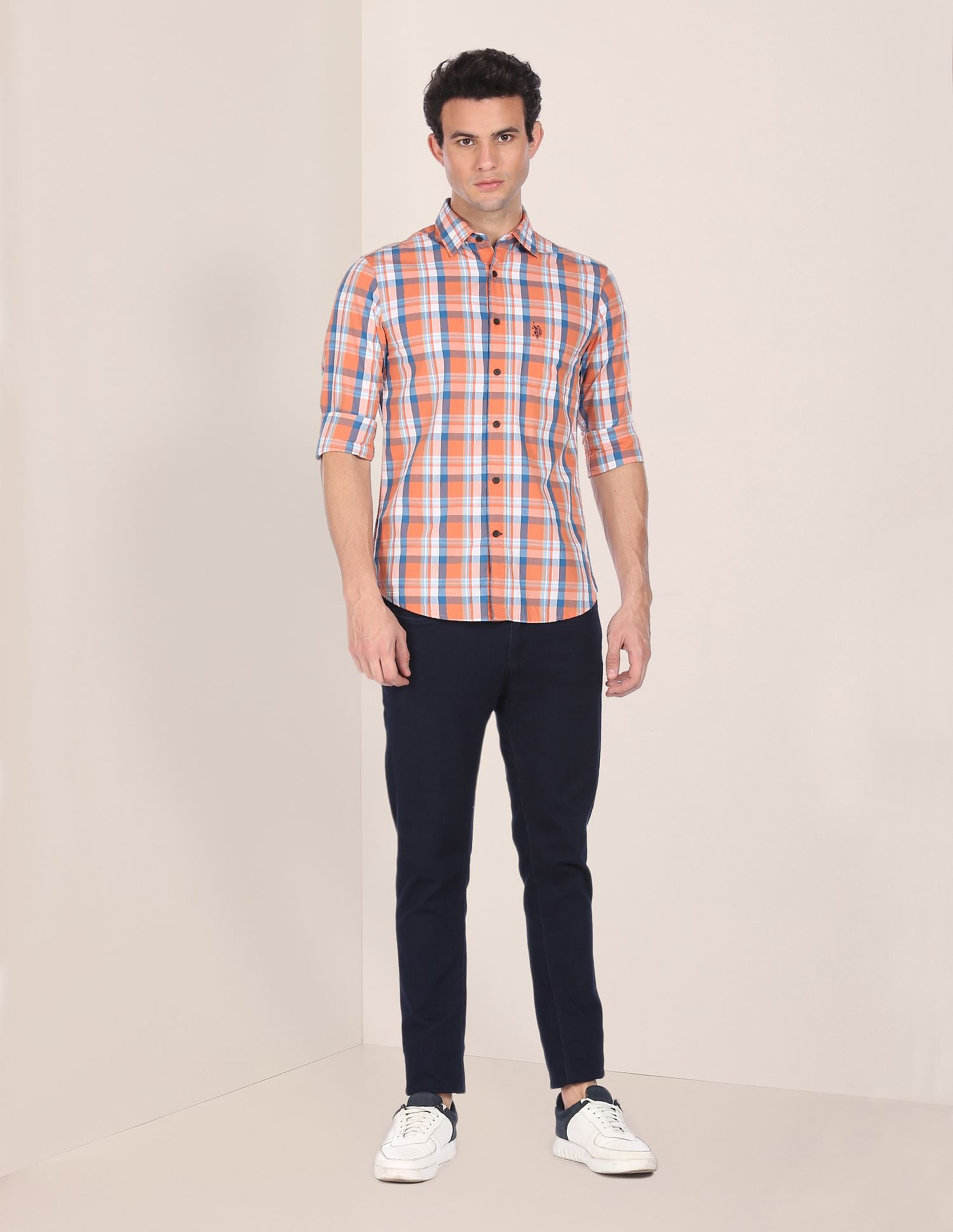 Men Orange Spread Collar Check Casual Shirt Orange - U.S. POLO ASSN. | Large