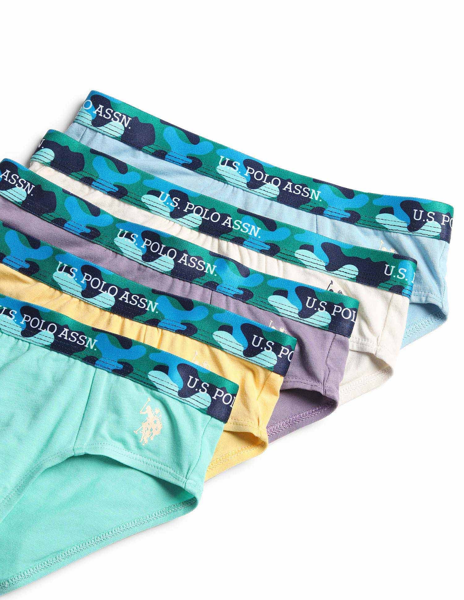 Boys Cotton Spandex Solid Briefs - Pack Of 5 White, Green, Yellow, Purple and Blue - U.S. POLO ASSN. | Large