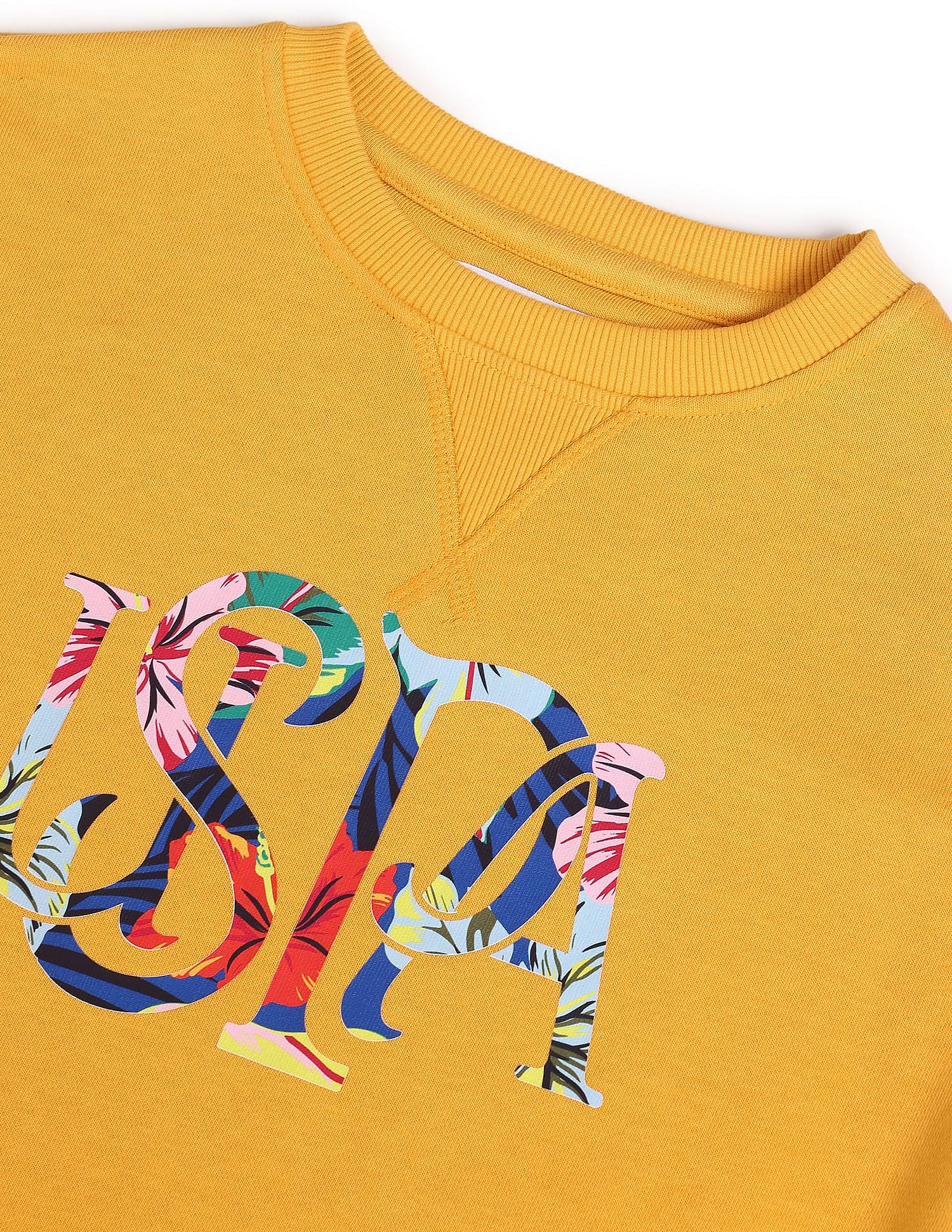 Crew Neck Brand Print Cropped Sweatshirt Mustard - U.S. Polo Assn. India | Large