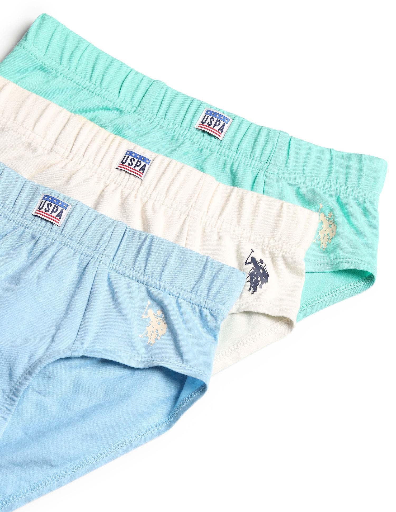 Boys Cotton Spandex Solid Briefs - Pack Of 3 Blue, Green and White - U.S. POLO ASSN. | Large