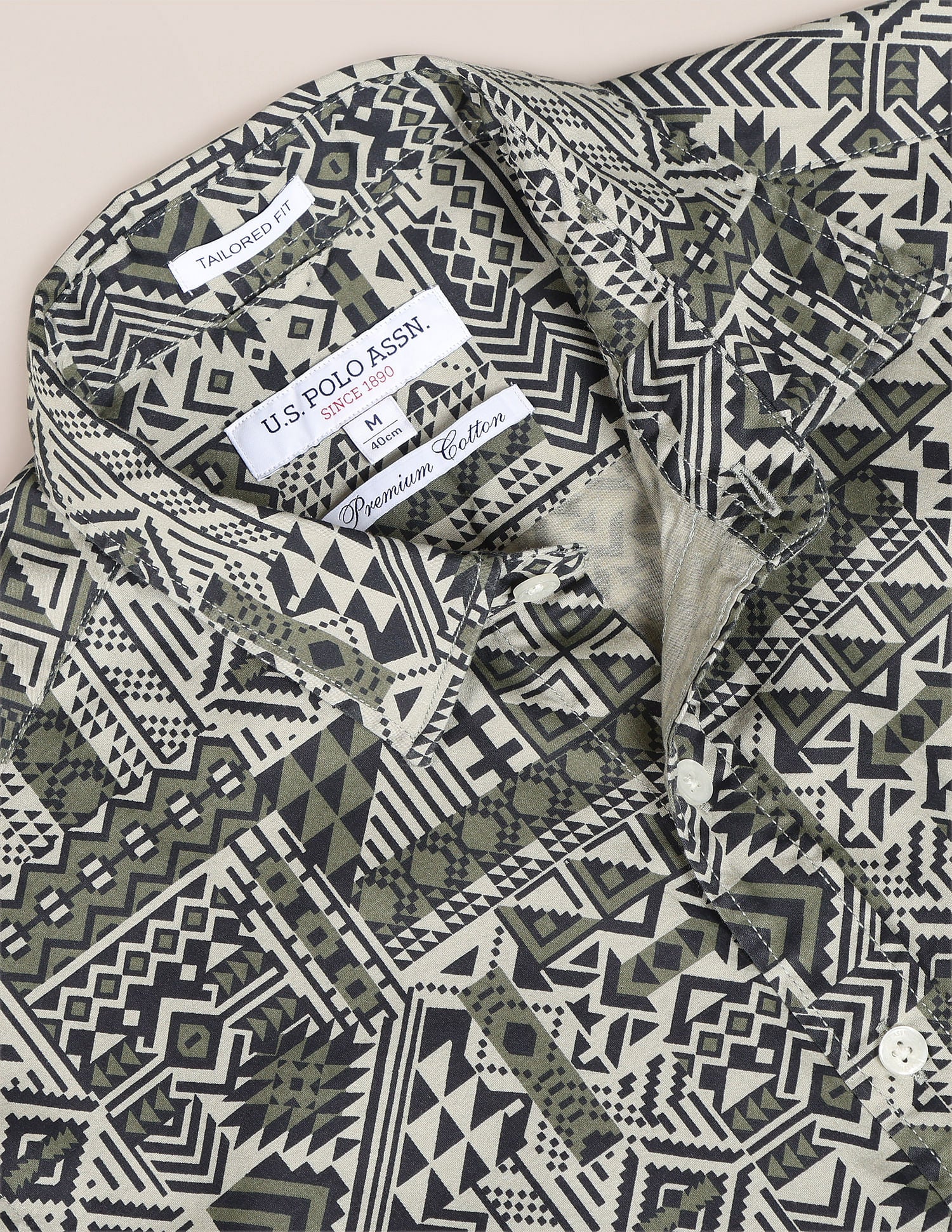 Spread Collar Geometric Print Shirt Olive - U.S. Polo Assn. India | Large