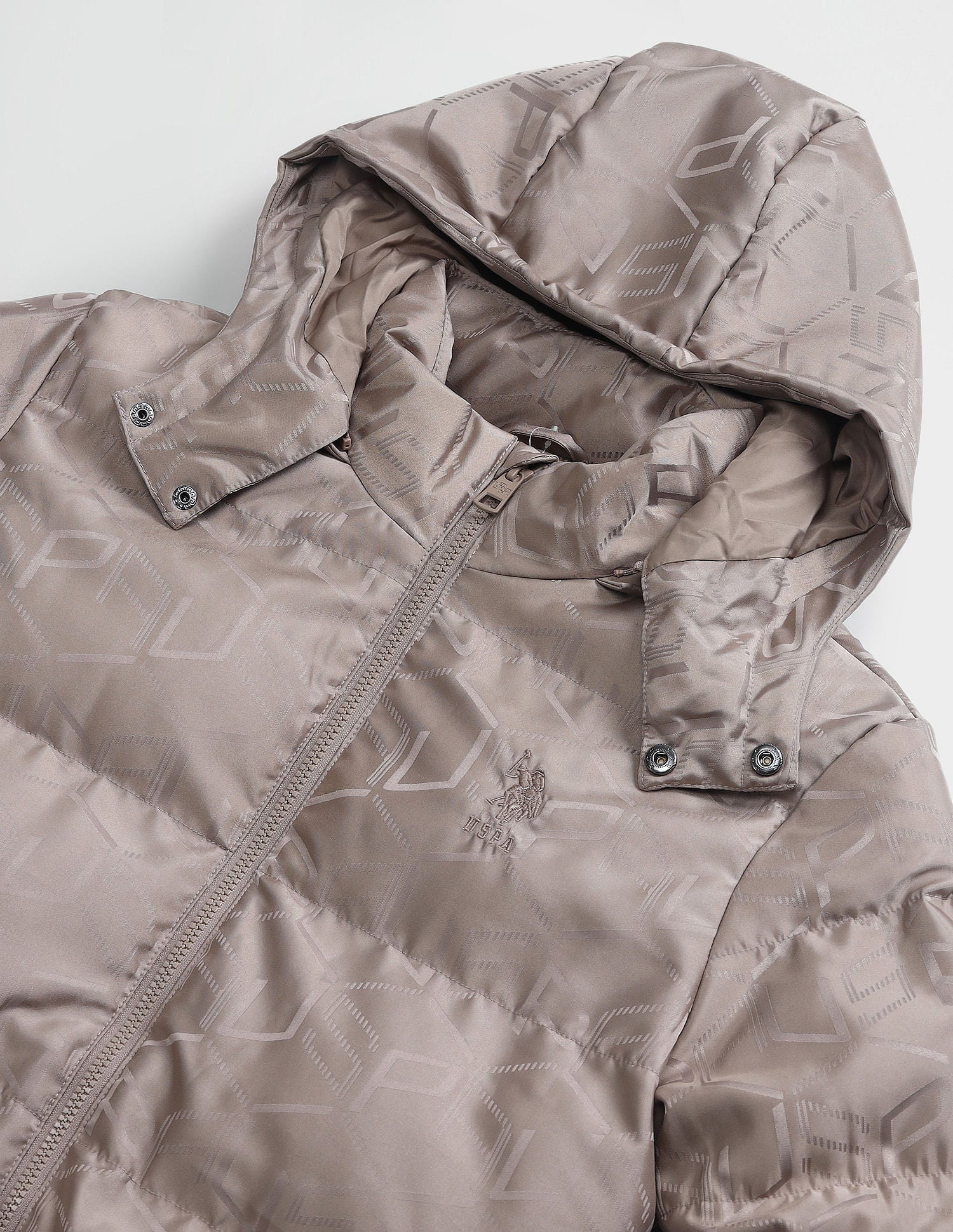 Detachable Hood Padded Jacket Beige Jacquard - U.S. Polo Assn. India | Large