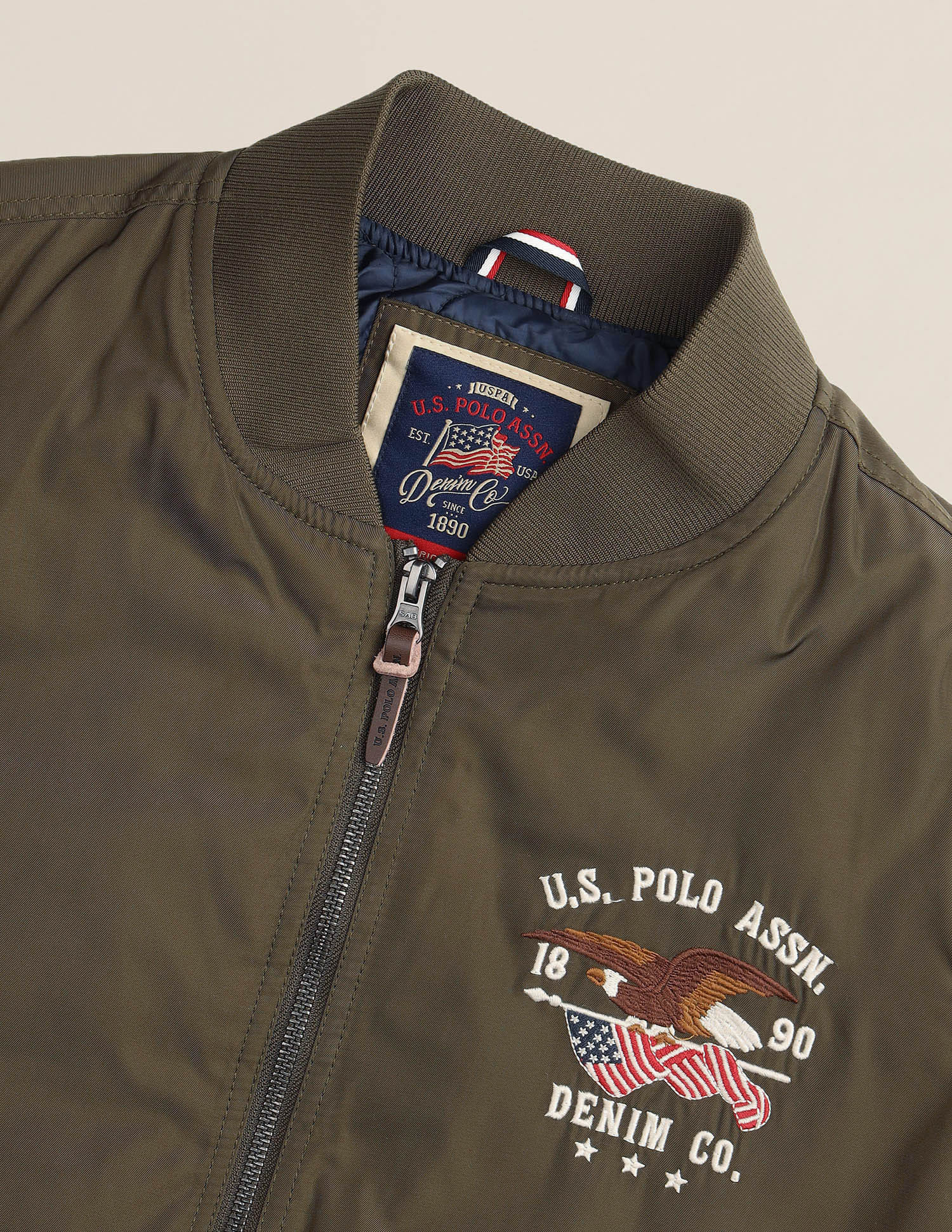 Stand Collar Brand Embroidered Polyester Bomber Jacket Olive - U.S. Polo Assn. India | Large