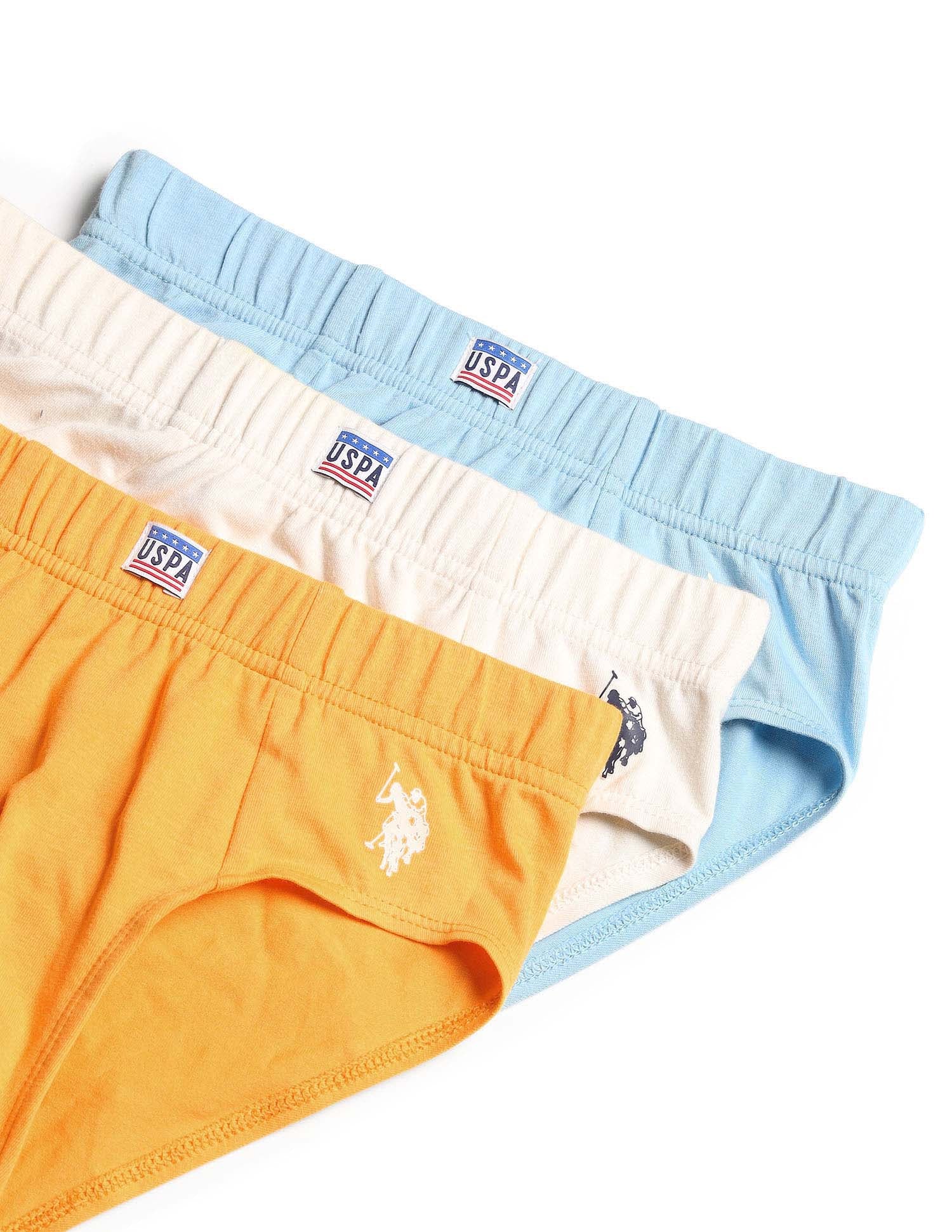 Boys Cotton Spandex Solid Briefs - Pack Of 3 Orange, Blue and White - U.S. POLO ASSN. | Large