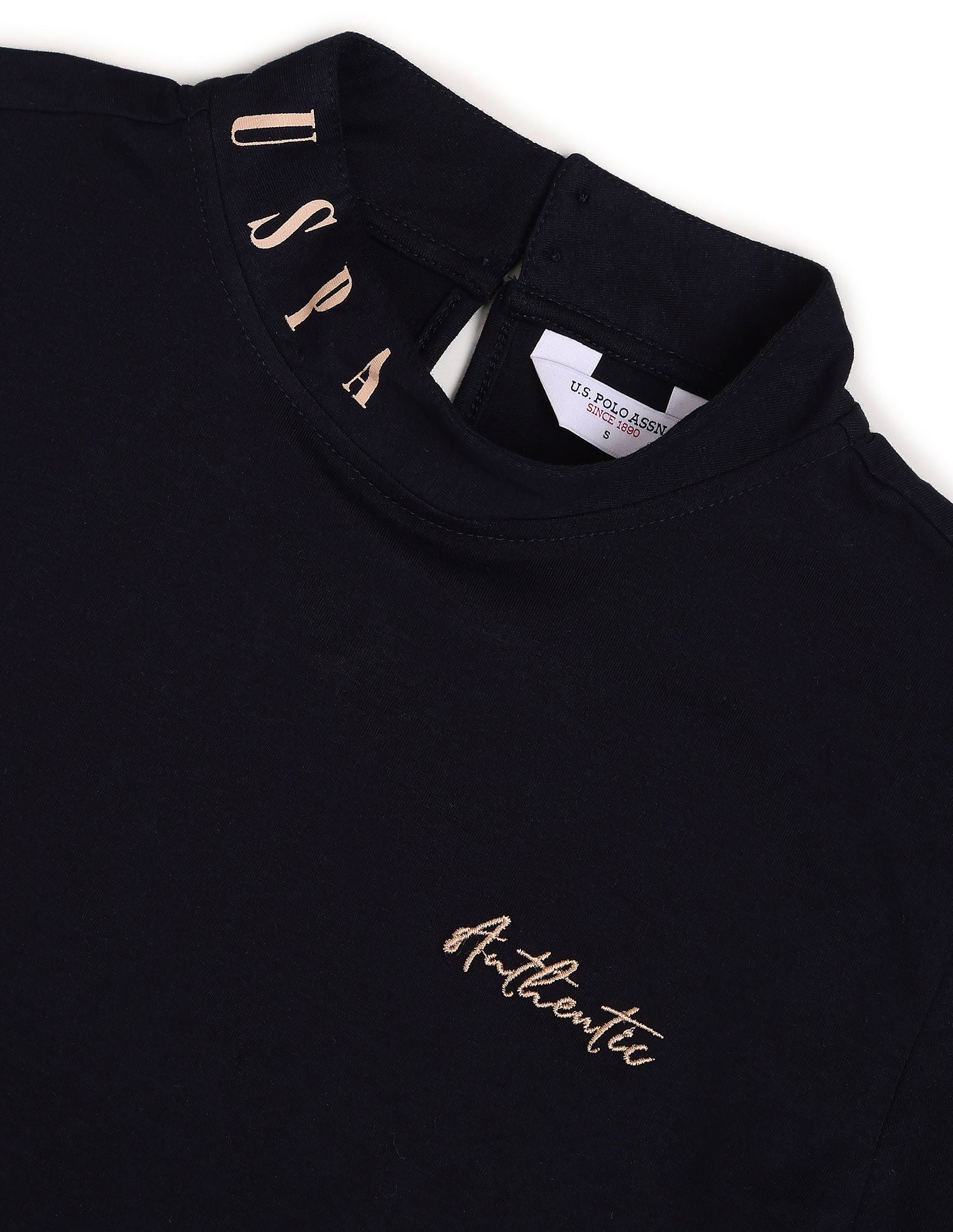 Stand Neck Typographic Print Solid T-Shirt Navy - U.S. POLO ASSN. | Large