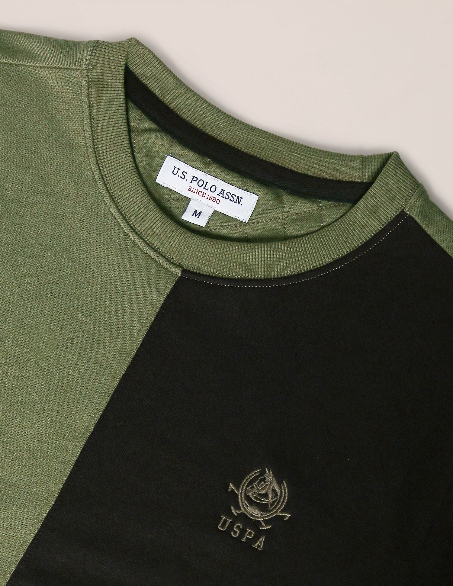 Crew Neck Panelled Two Tone Sweatshirt Olive - U.S. Polo Assn. India | Large