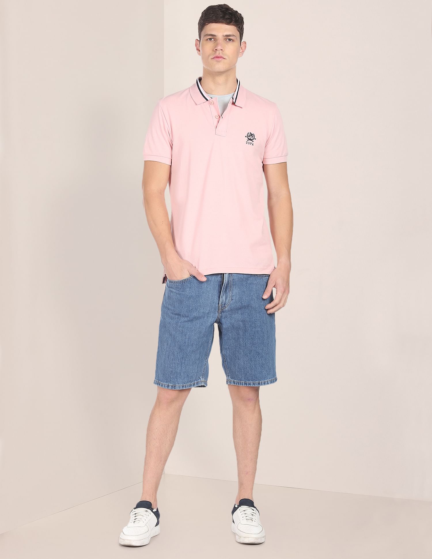 Men Pink Cotton Solid Polo Shirt Pink - U.S. POLO ASSN. | Large
