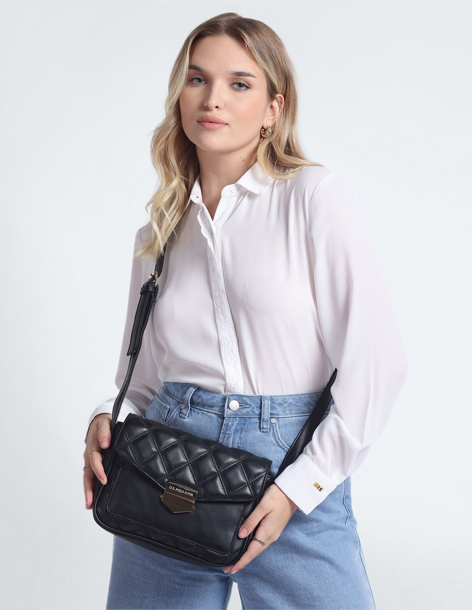 Metallic Tuck Lock Quilted Sling Bag Black - U.S. POLO ASSN. | Large