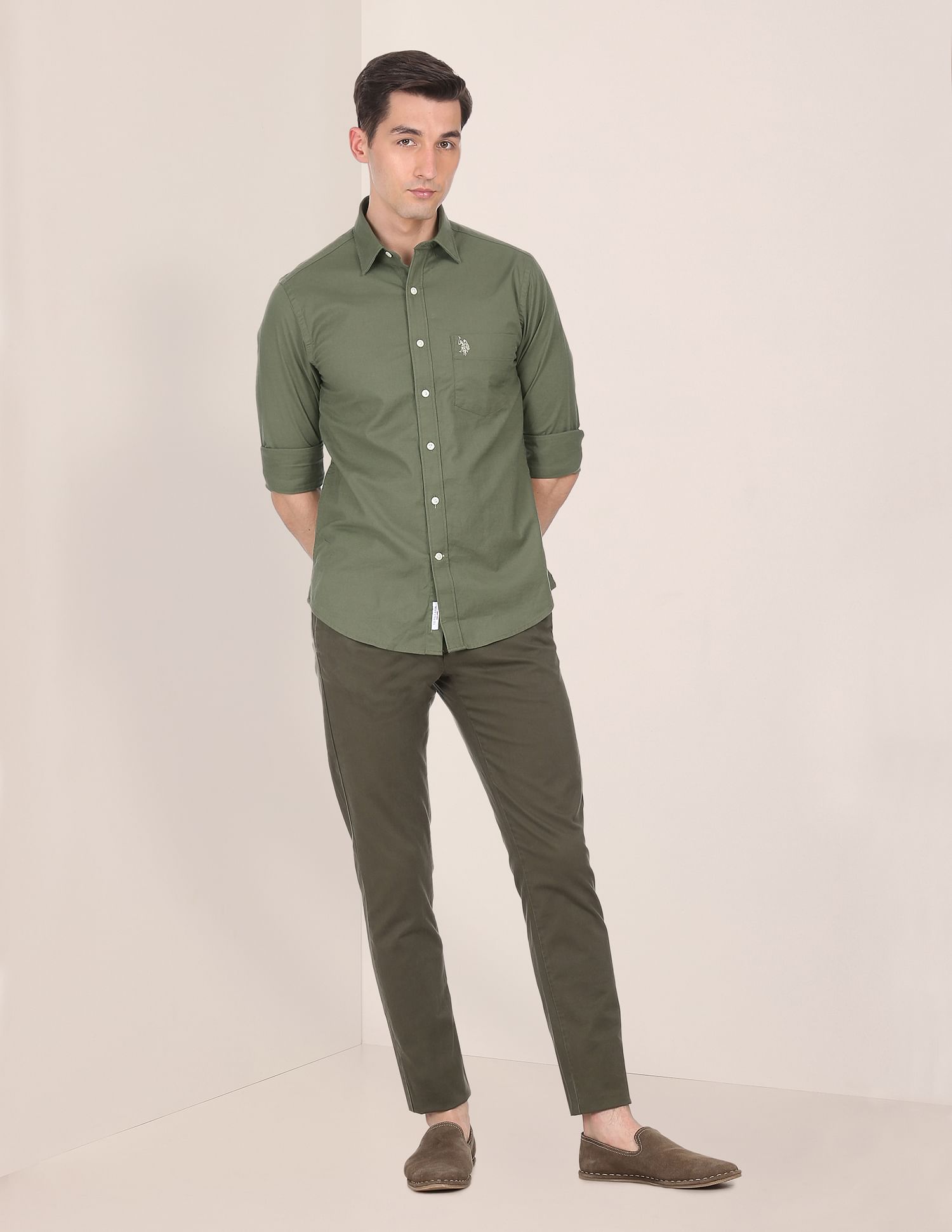 Spread Collar Solid Casual Shirt Olive - U.S. POLO ASSN. | Large