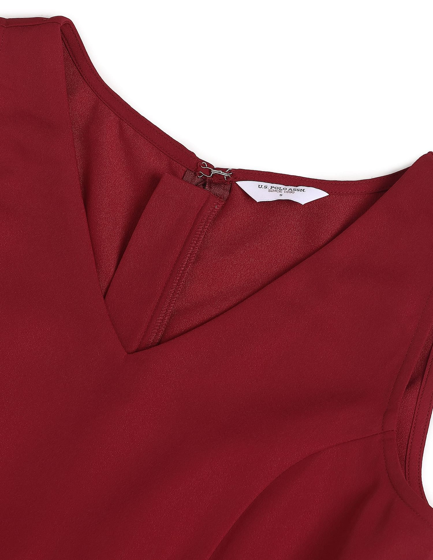 Women Red V-Neck Sleeveless Solid Fit And Flare Dress Red - U.S. POLO ASSN. | Large