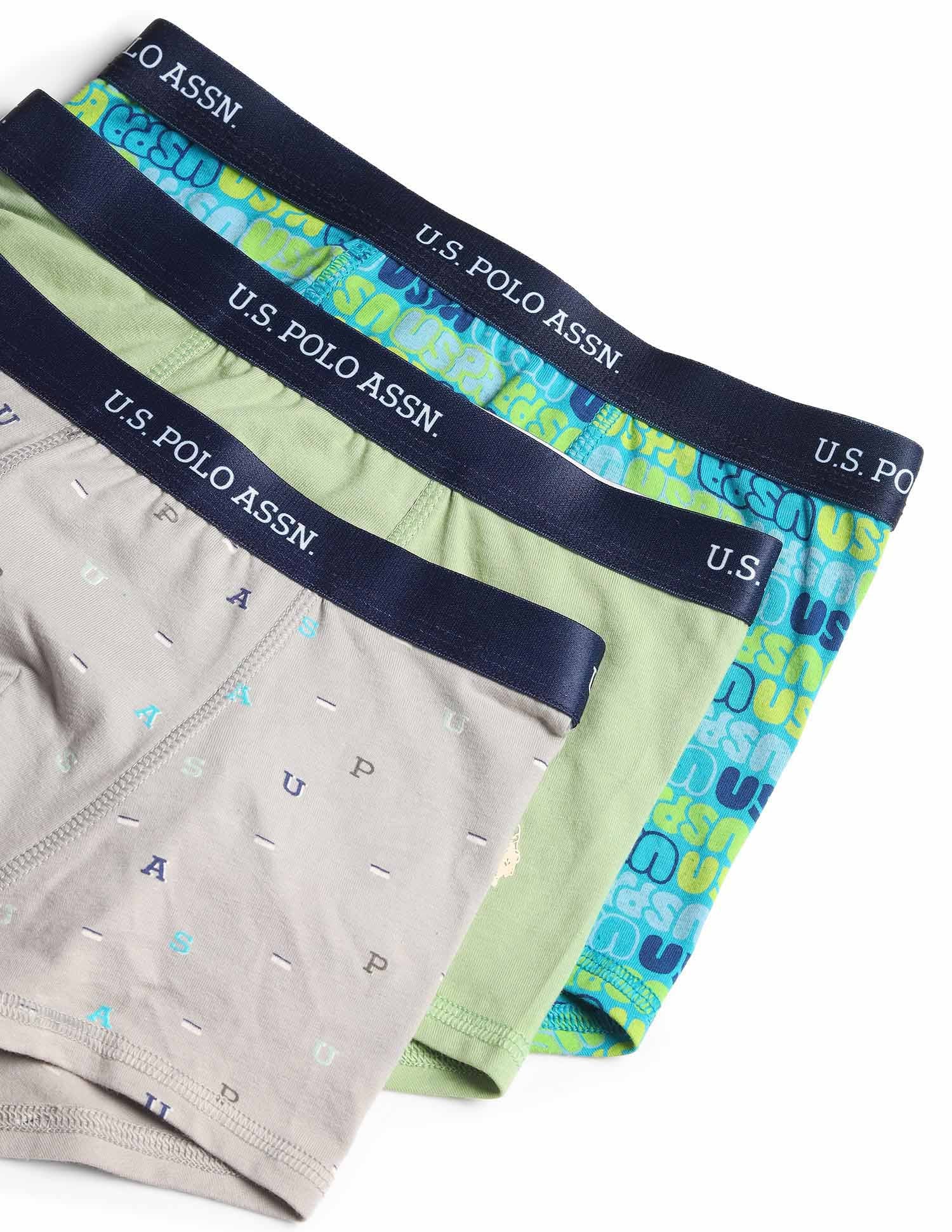 Boys Mid Rise Cotton Spandex Trunks - Pack Of 3 Grey, Blue and Green - U.S. POLO ASSN. | Large