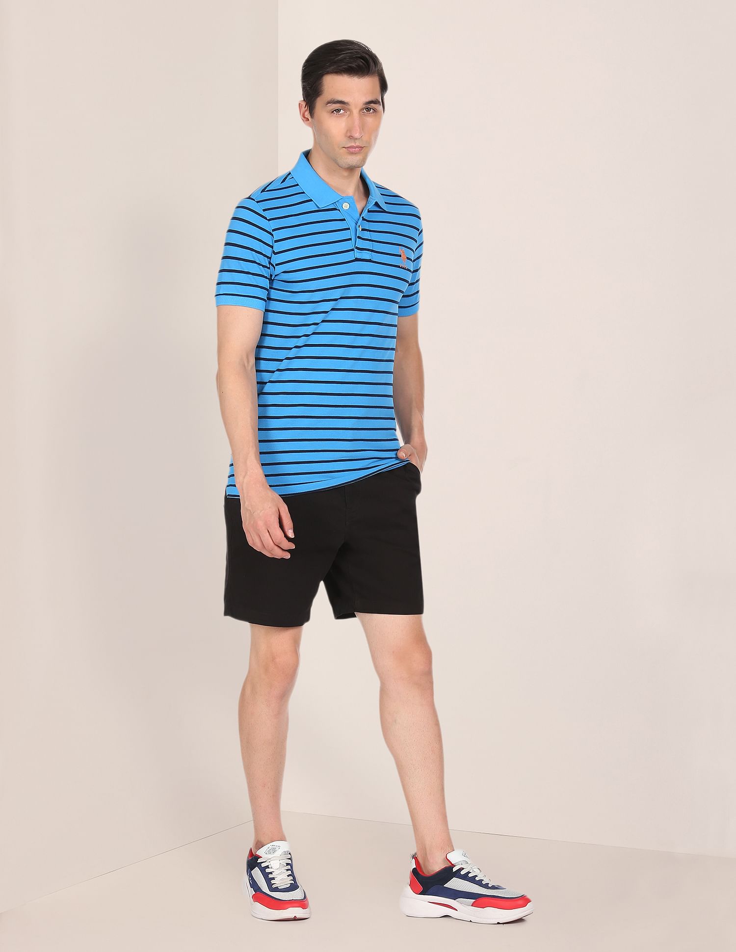 Ribbed Collar Striped Polo Shirt Blue - U.S. Polo Assn. India | Large