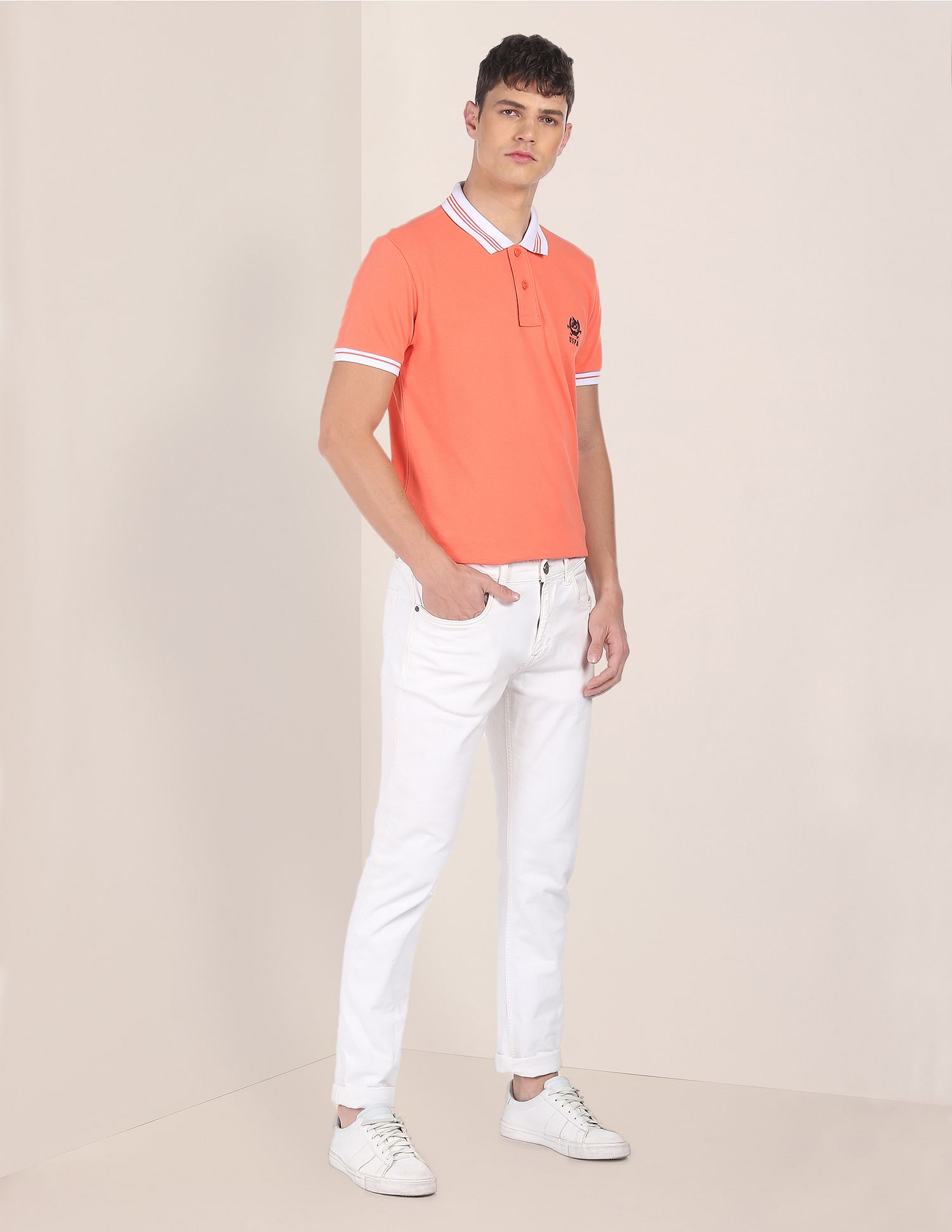 Men Peach Cotton Solid Polo Shirt Peach - U.S. POLO ASSN. | Large