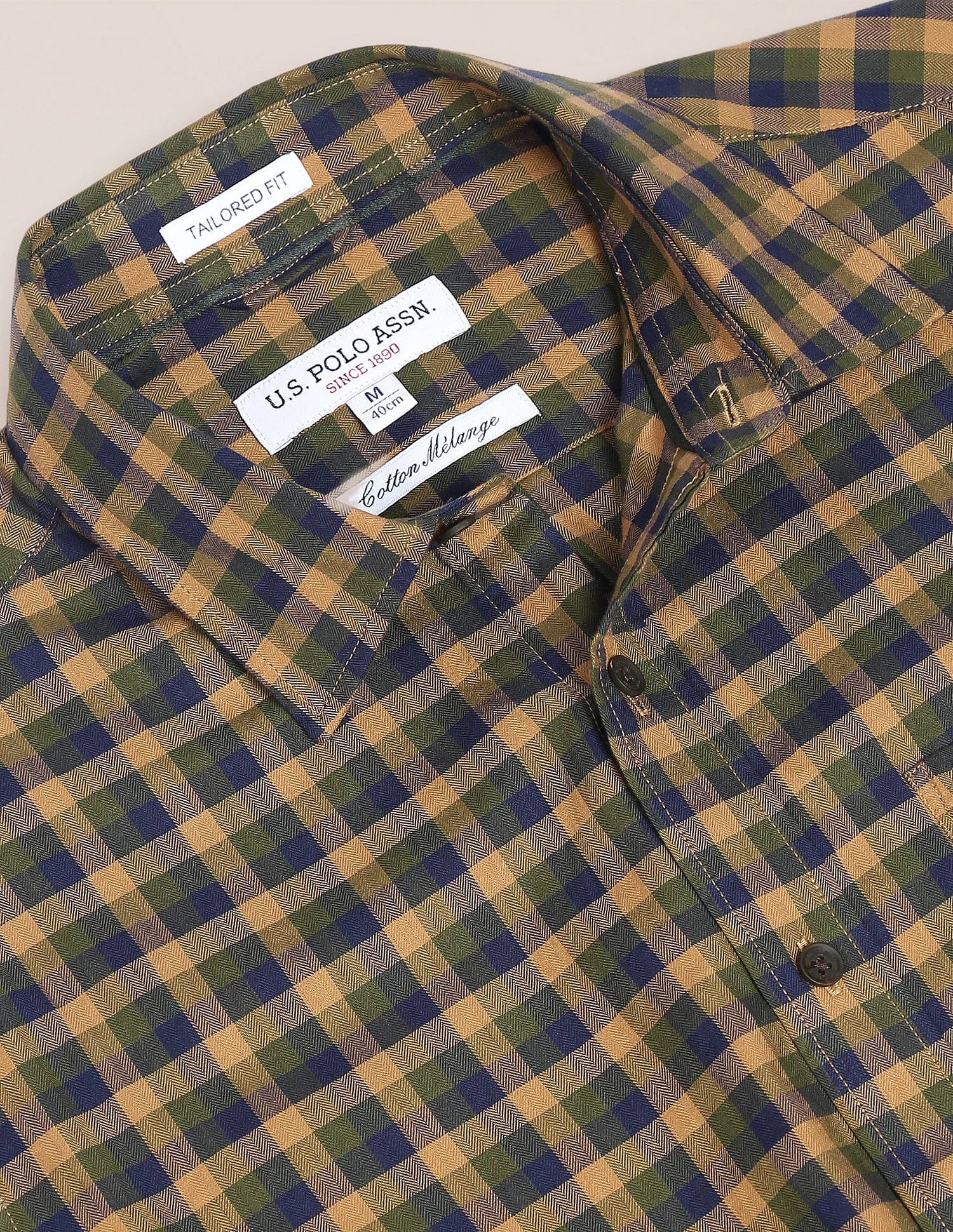 Cutaway Collar Cotton Casual Shirt Green, Brown and Blue - U.S. Polo Assn. India | Large