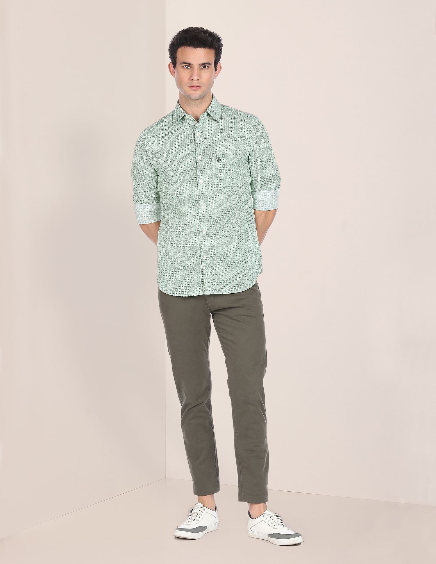 Men Green Spread Collar Printed Casual Shirt Green - U.S. POLO ASSN. | Large