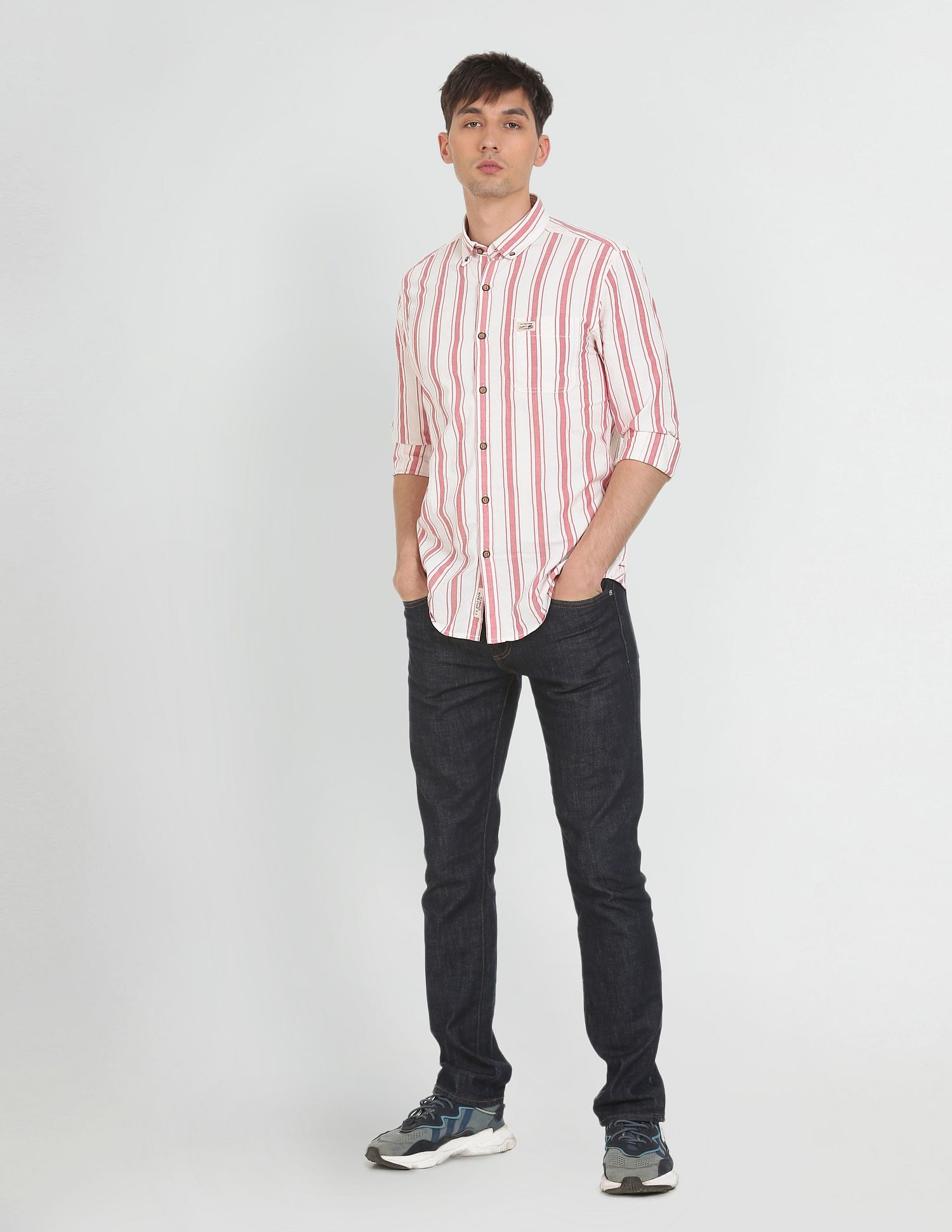 Button Down Collar Striped Cotton Casual Shirt Red and White - U.S. POLO ASSN. | Large