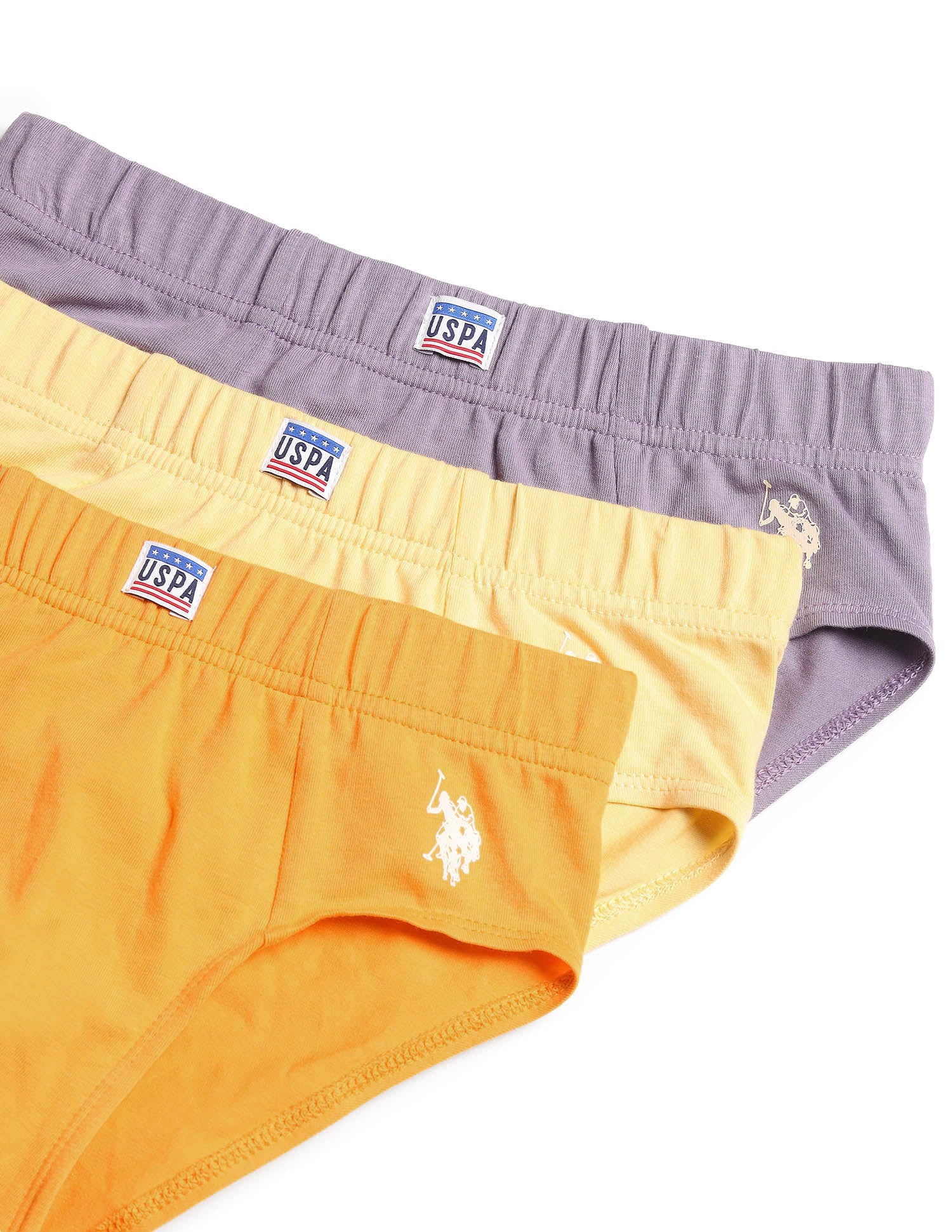 Boys Cotton Spandex Solid Briefs - Pack Of 3 Orange, Purple and Yellow - U.S. POLO ASSN. | Large