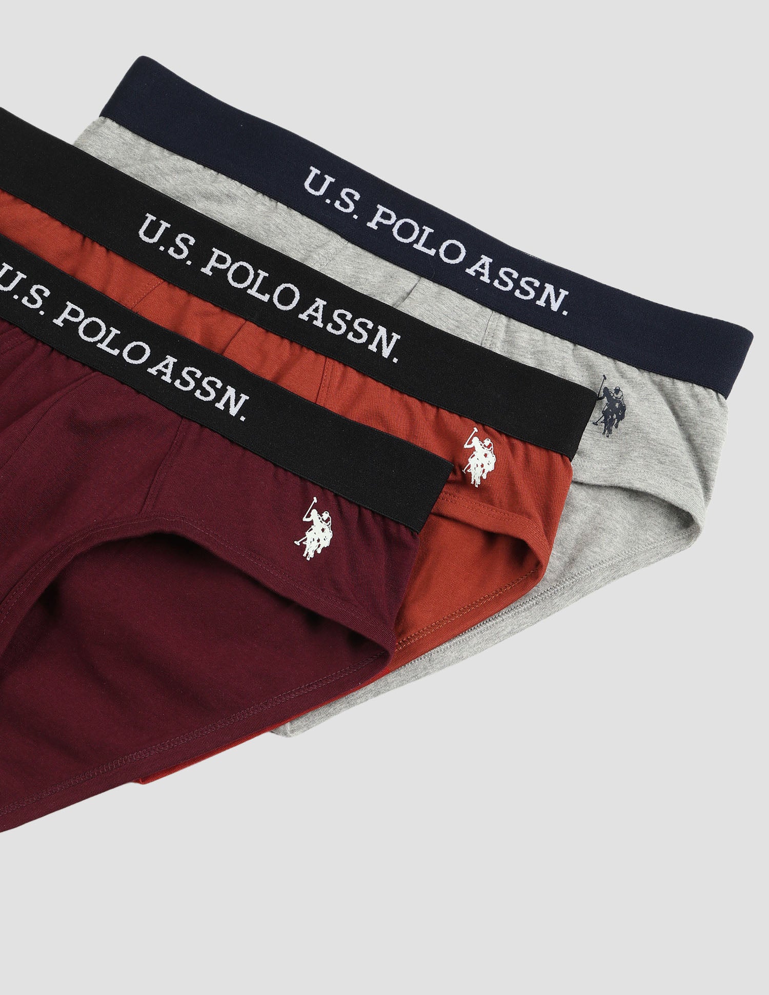 Anti Microbial Solid OEB13 Briefs - Pack Of 3 Grey Melange, Rust and Burgandy - U.S. POLO ASSN. | Large