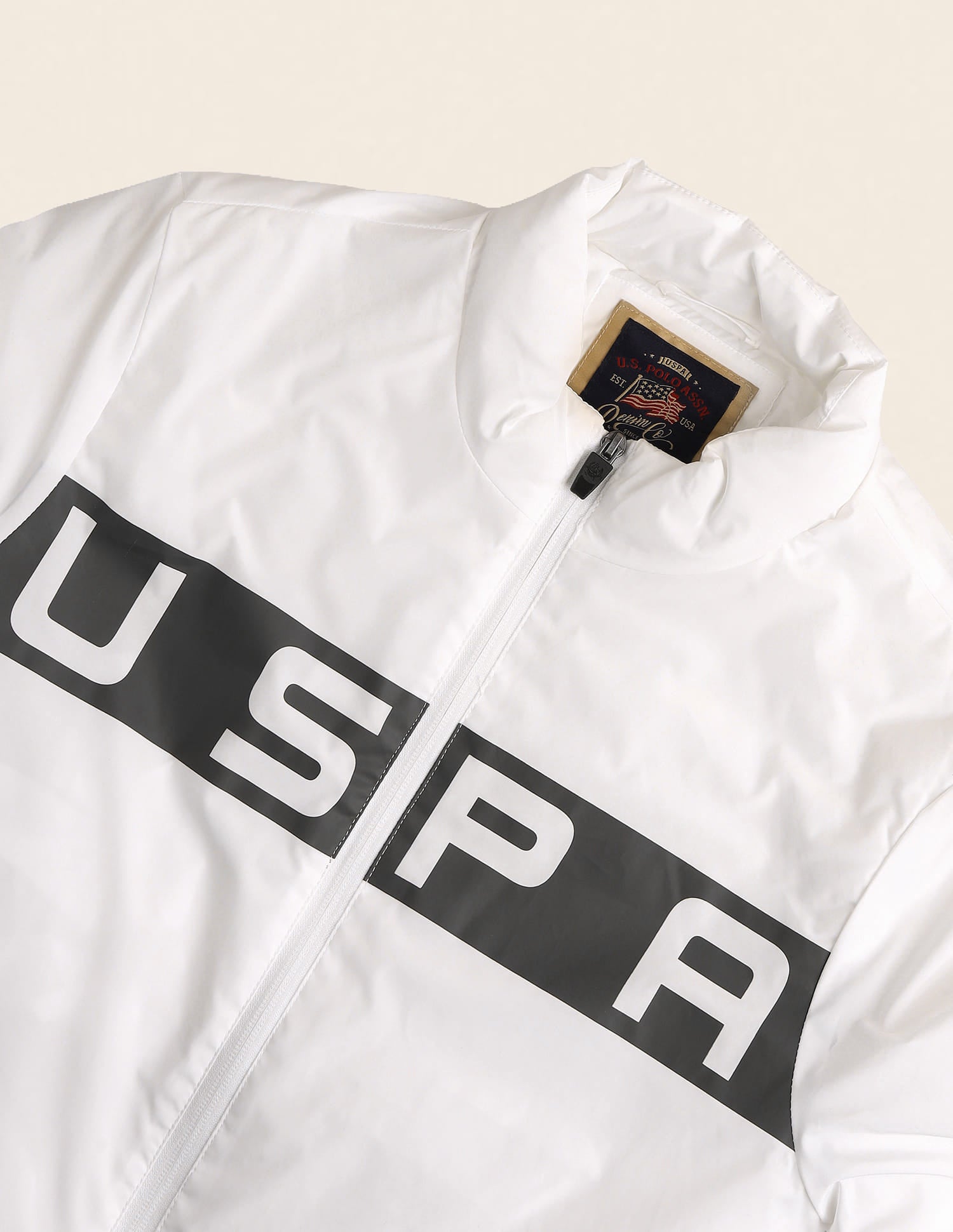 High Neck Brand Print Polyester Casual Jacket White - U.S. Polo Assn. India | Large