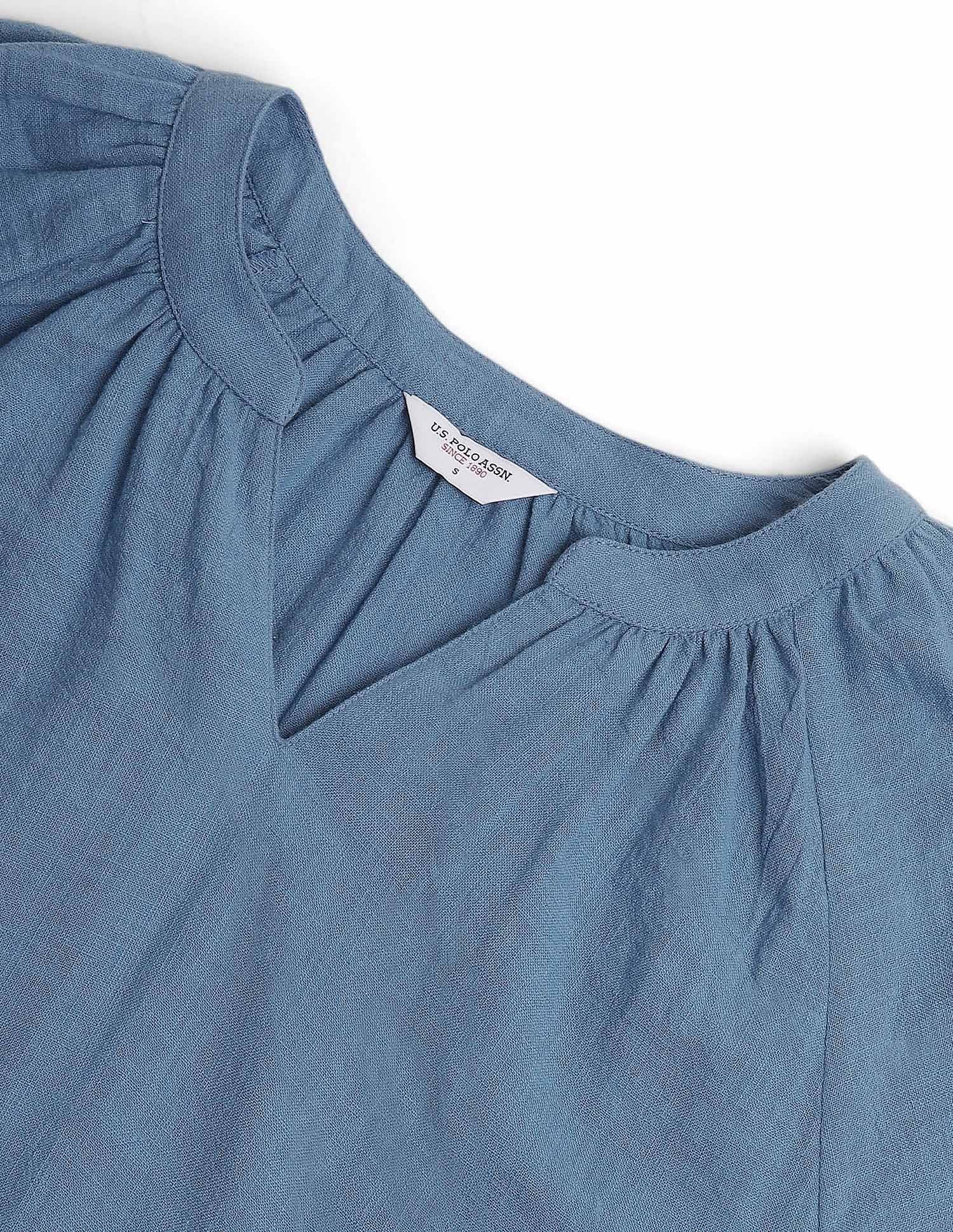 Cotton Flax Embroidered Blouson Top Blue - U.S. POLO ASSN. | Large