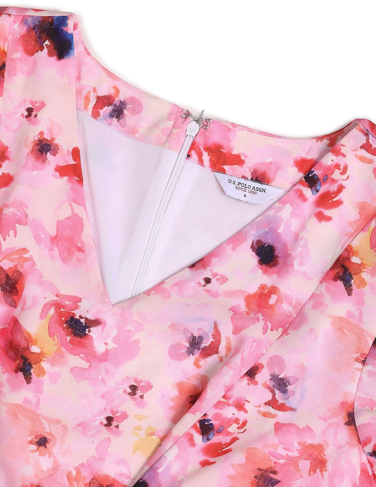 V-Neck Floral Print Fit And Flare Dress Pink - U.S. POLO ASSN. | Large