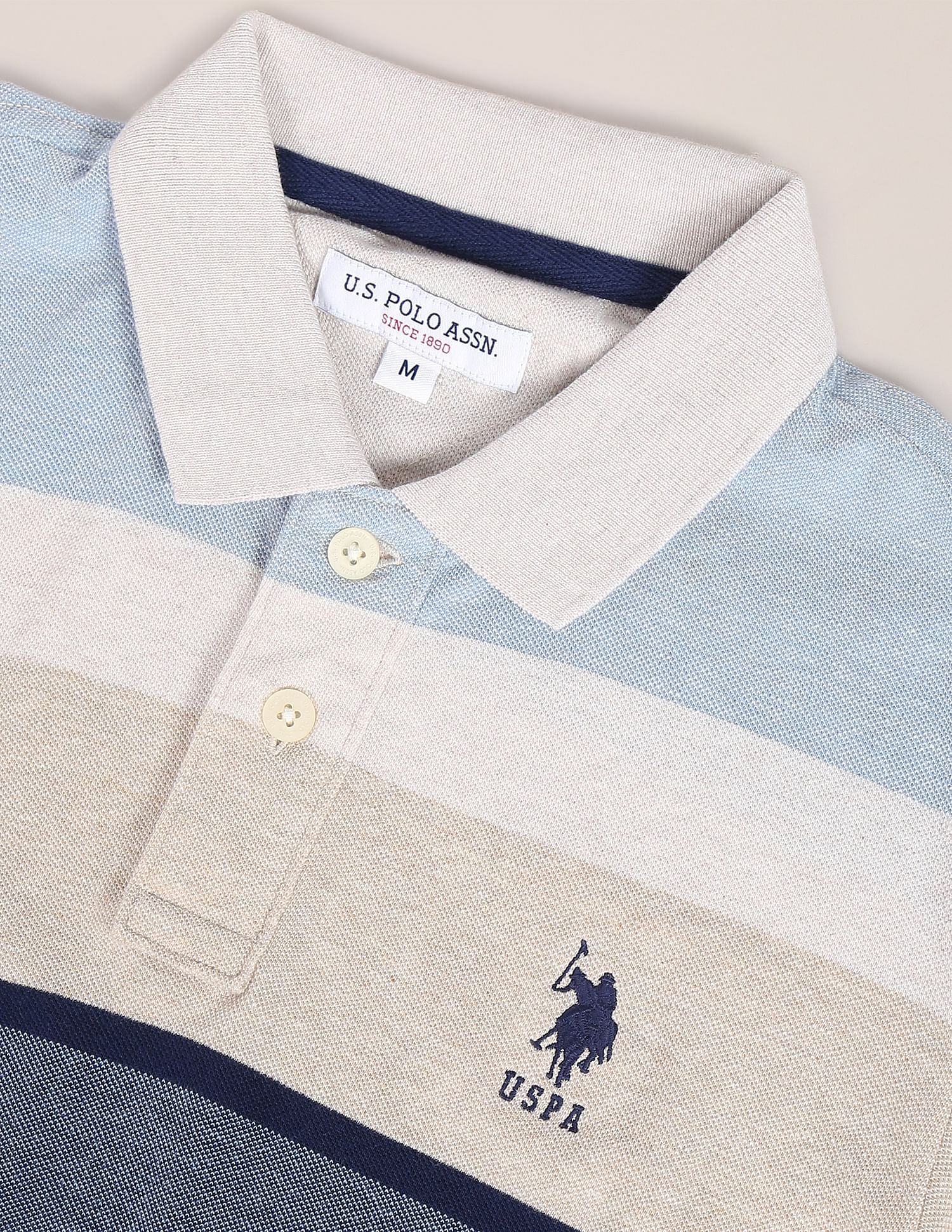 Horizontal Stripe Cotton Pique Polo Shirt Ecru and Blue - U.S. POLO ASSN. | Large