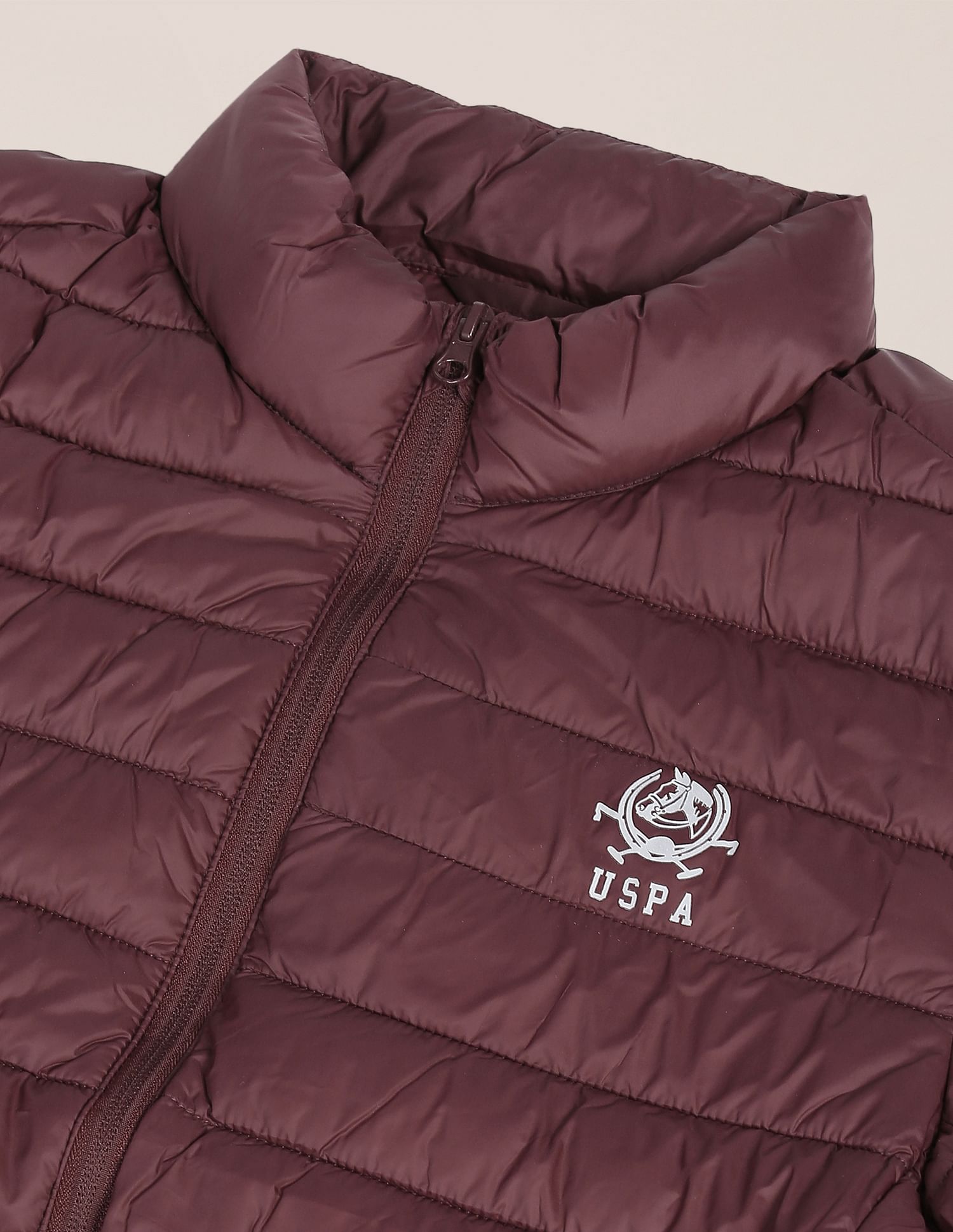 High Neck Nylon Solid Puffer Jacket Maroon - U.S. POLO ASSN. | Large