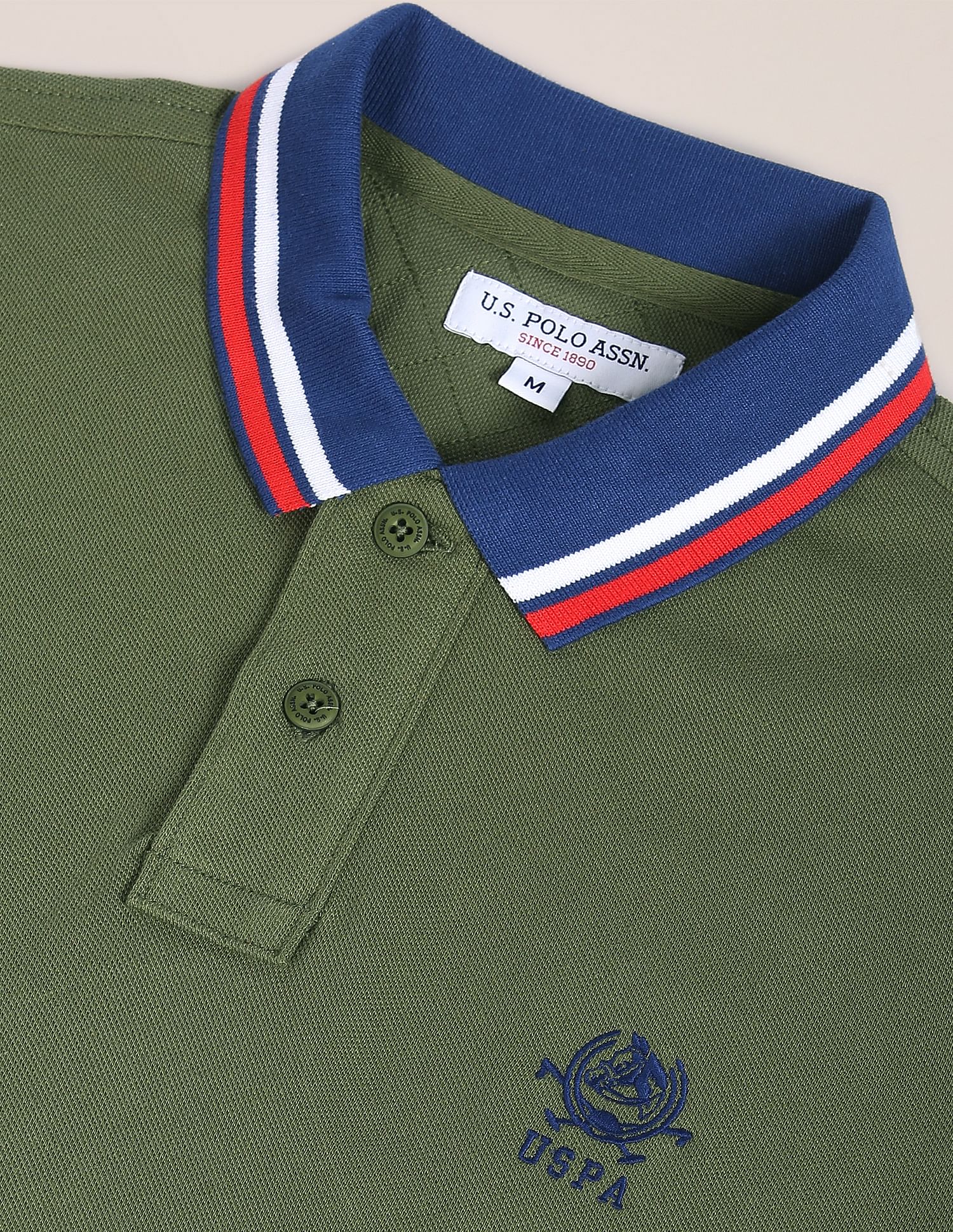 Striped Collar Brand Logo Polo Shirt Olive - U.S. Polo Assn. India | Large