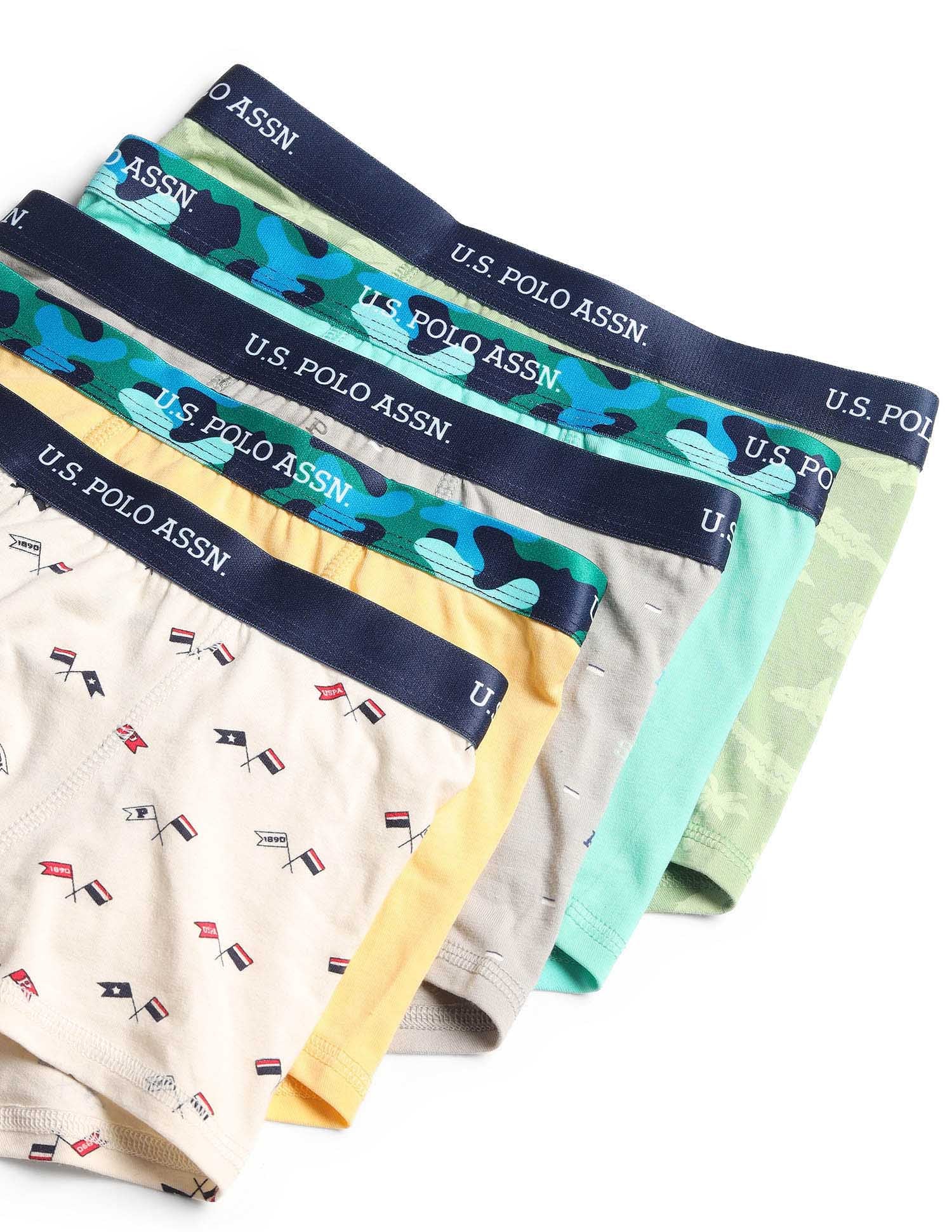 Boys Mid Rise Cotton Spandex Trunks - Pack Of 5 Grey, White, Green, Yellow and Green - U.S. POLO ASSN. | Large