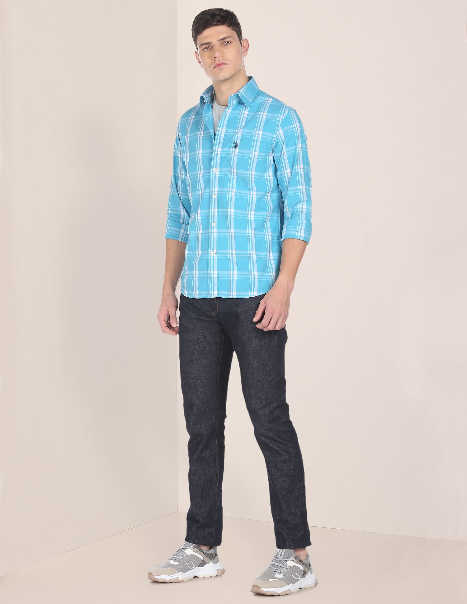 Men Blue Spread Collar Check Casual Shirt Aqua - U.S. POLO ASSN. | Large