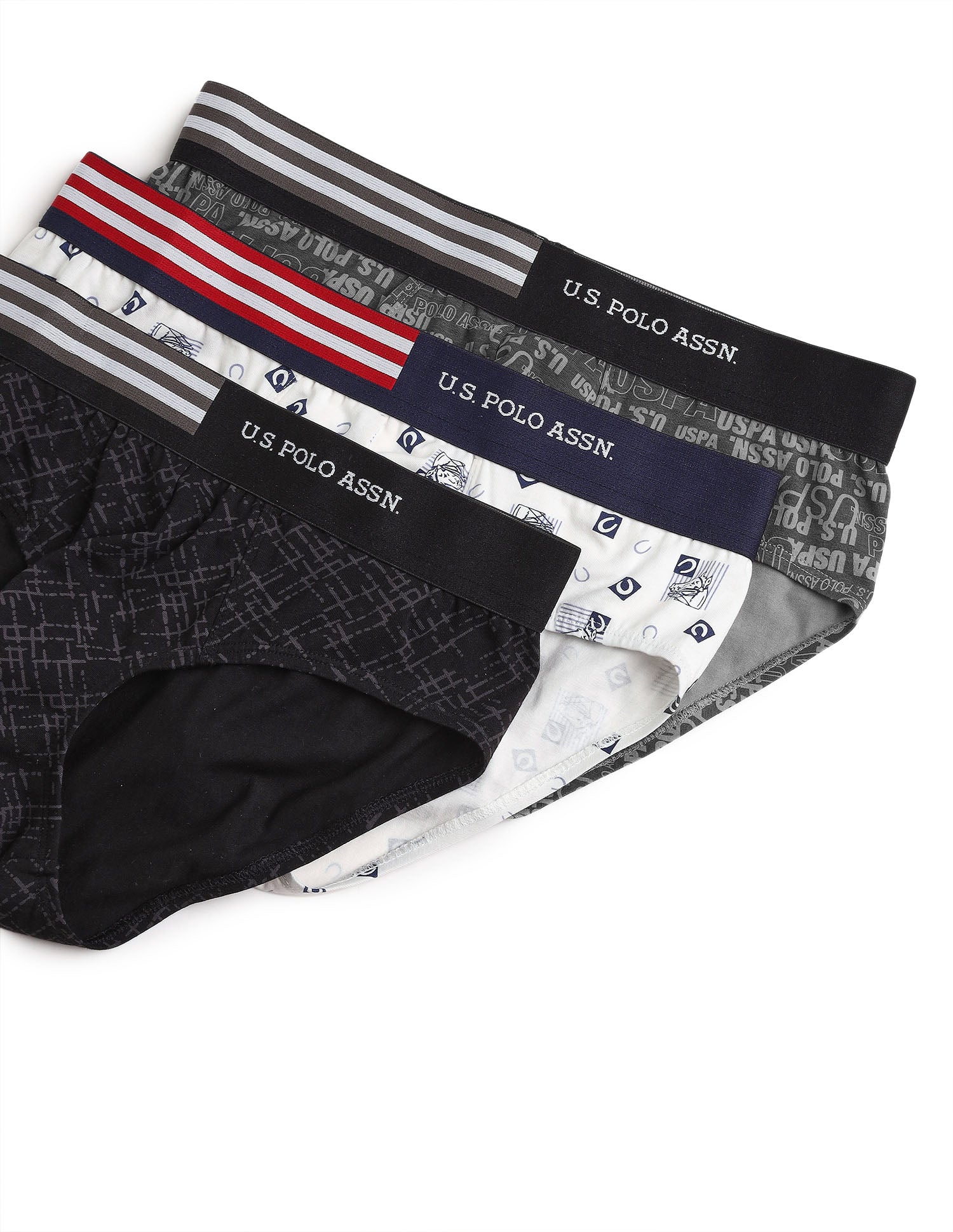 Printed Low Rise OEB20 Briefs - Pack Of 3 Ivory, Asphalight and Uspa Black - U.S. Polo Assn. India | Large