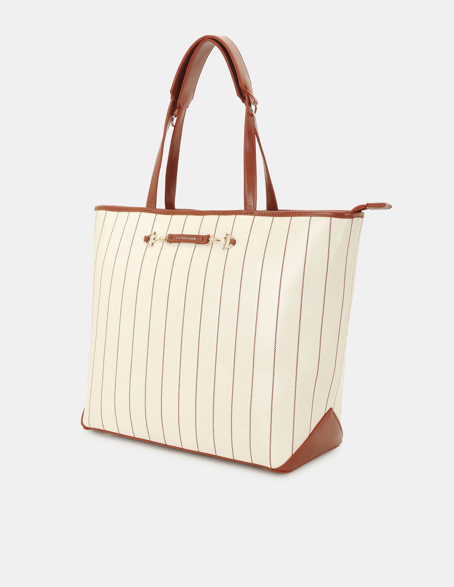 Women Bunny Striped Print Tote Bag with Shoulder Handle Off White - U.S. POLO ASSN. | Large