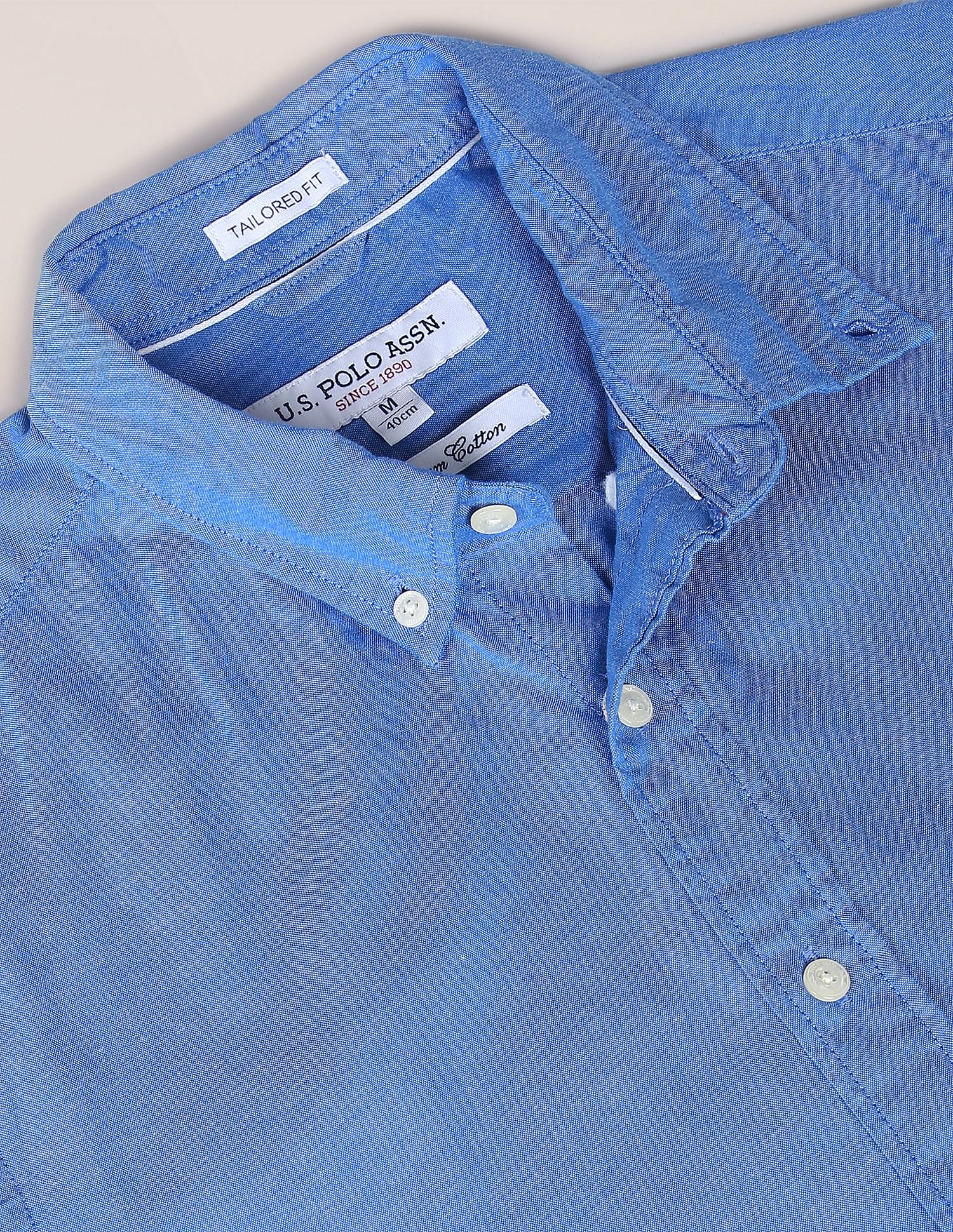 Men Blue Button Down Collar Oxford Casual Shirt Blue - U.S. POLO ASSN. | Large