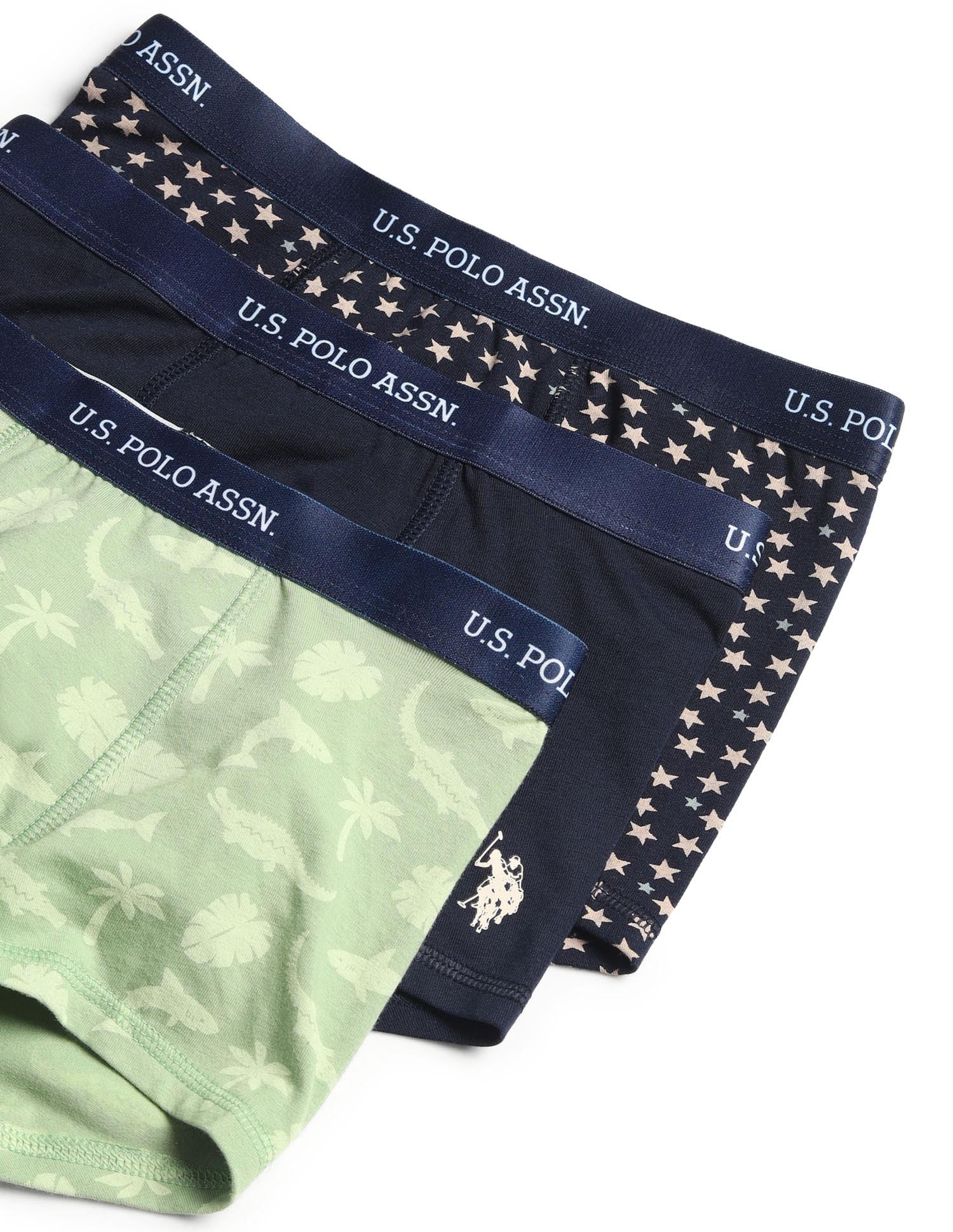 Boys Mid Rise Cotton Spandex Trunks - Pack Of 3 Navy, Green and Navy - U.S. POLO ASSN. | Large