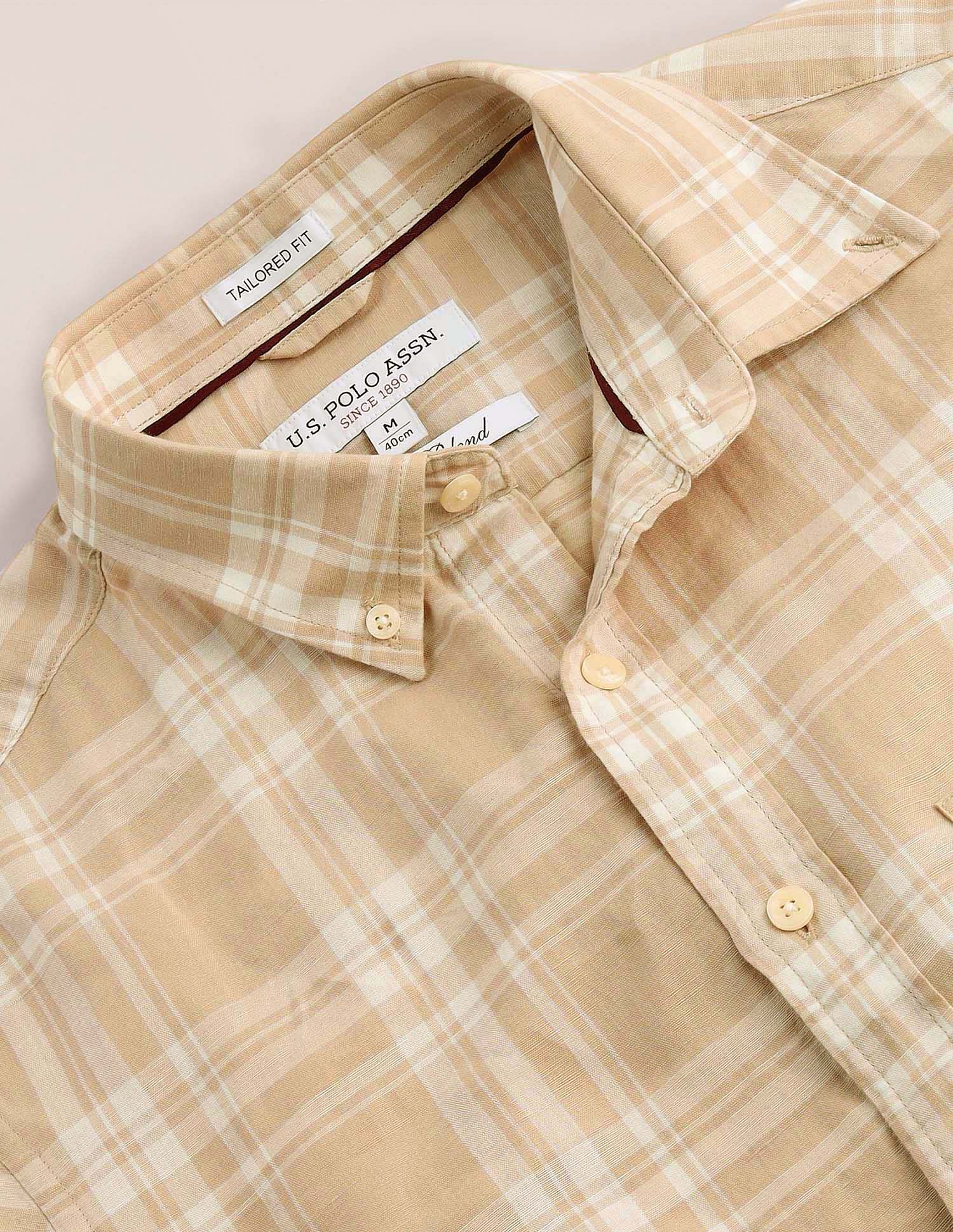 Tailored Fit Tartan Check Shirt Ivory and Beige - U.S. Polo Assn. India | Large