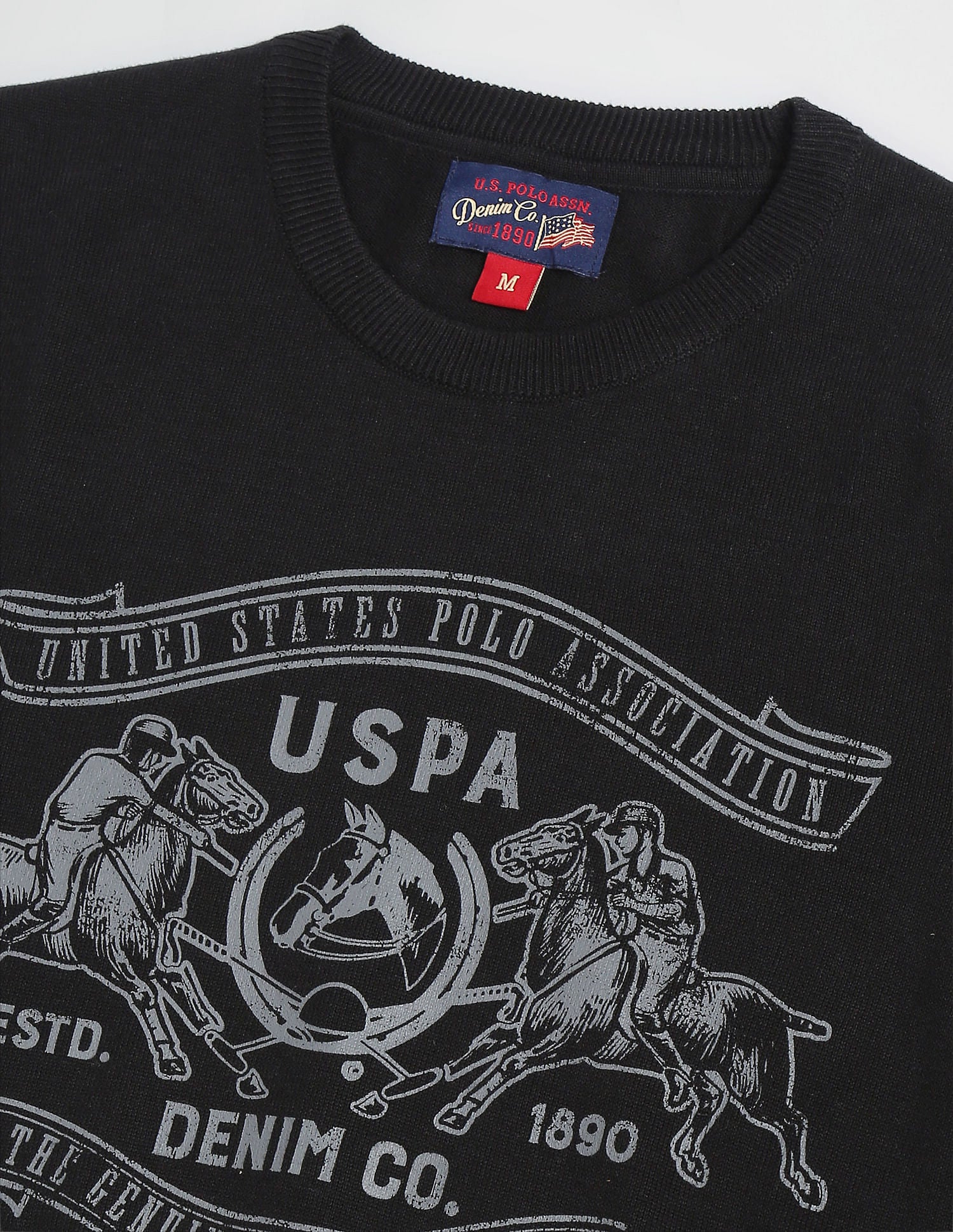 Men Black Crew Neck Graphic Print Cotton Sweater Black - U.S. POLO ASSN. | Large