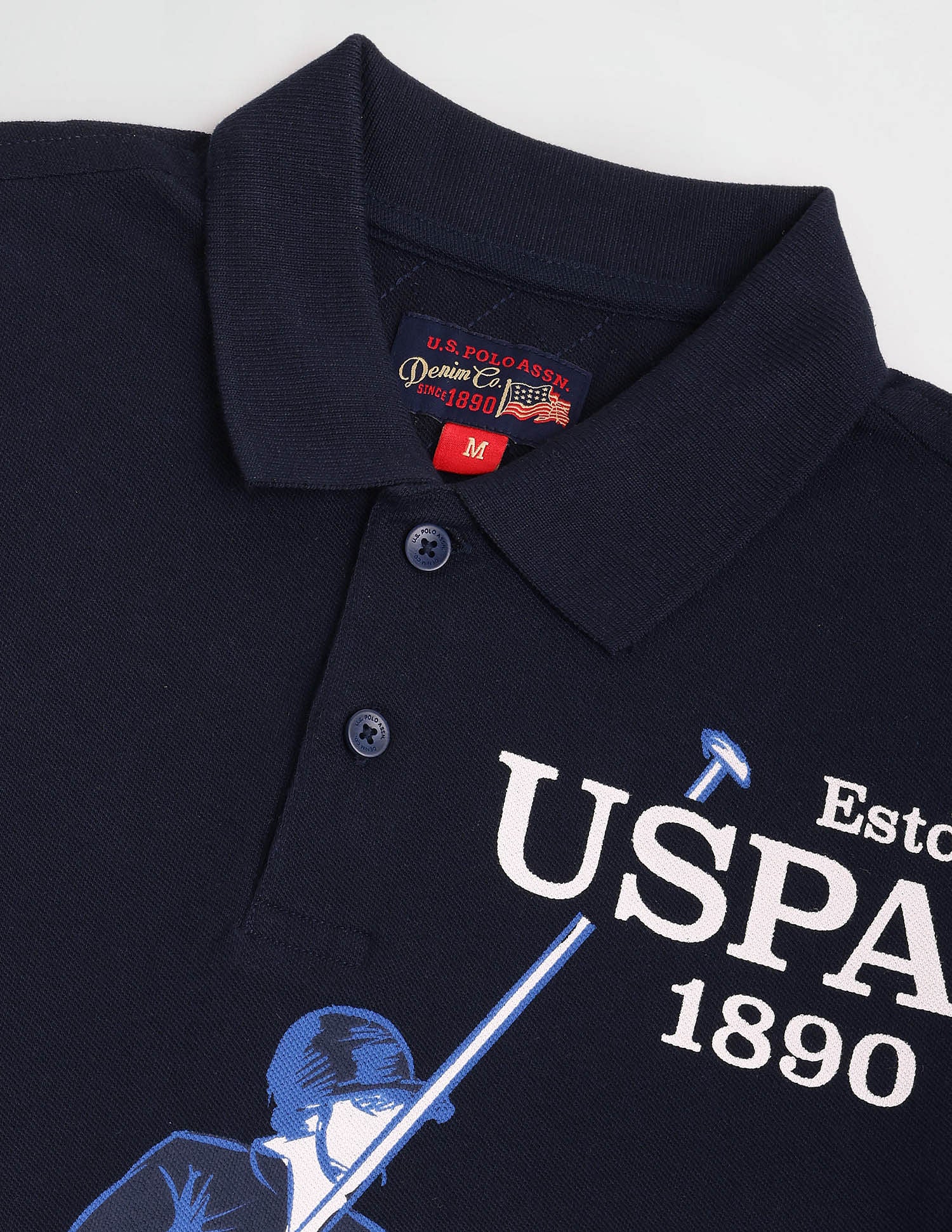 Ribbed Collar Brand Print Polo Shirt Blue - U.S. Polo Assn. India | Large