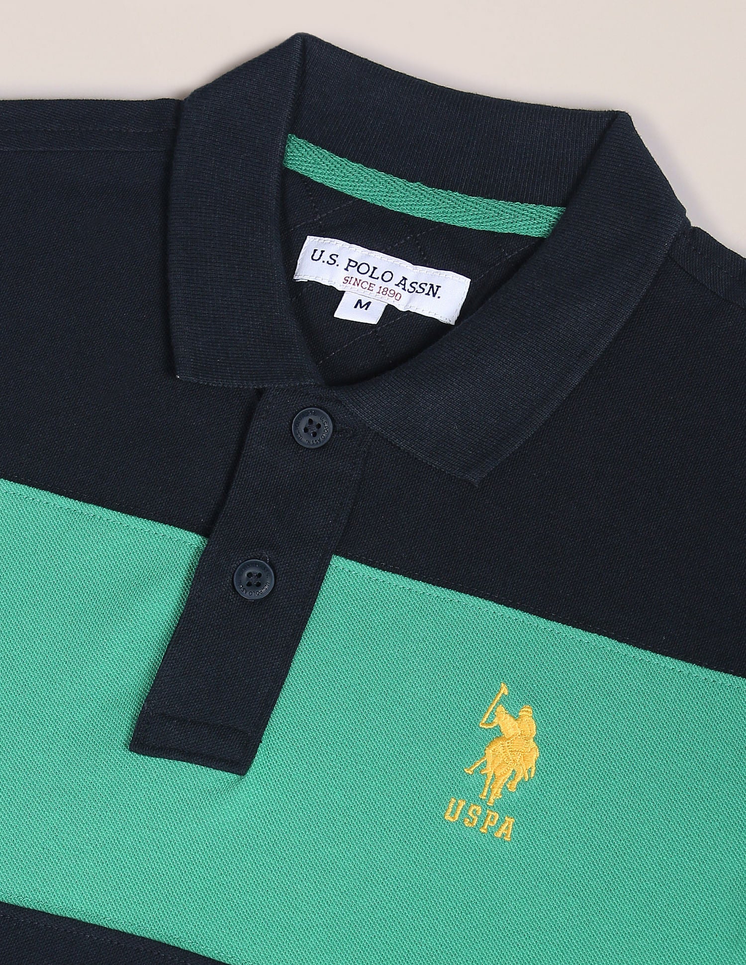 Colour Block Cotton Polo Shirt Navy and Green - U.S. Polo Assn. India | Large