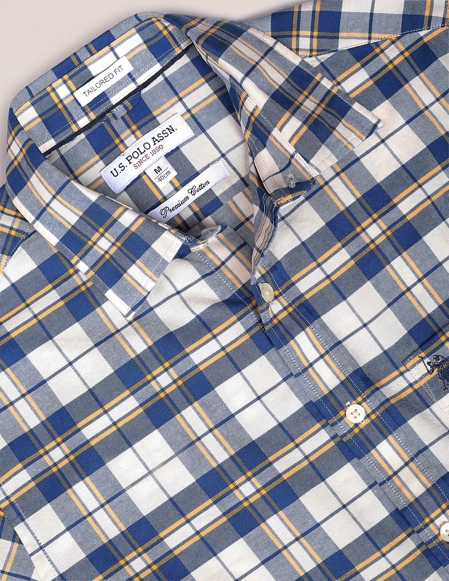 Oxford Check Cotton Casual Shirt Ivory and Navy - U.S. Polo Assn. India | Large