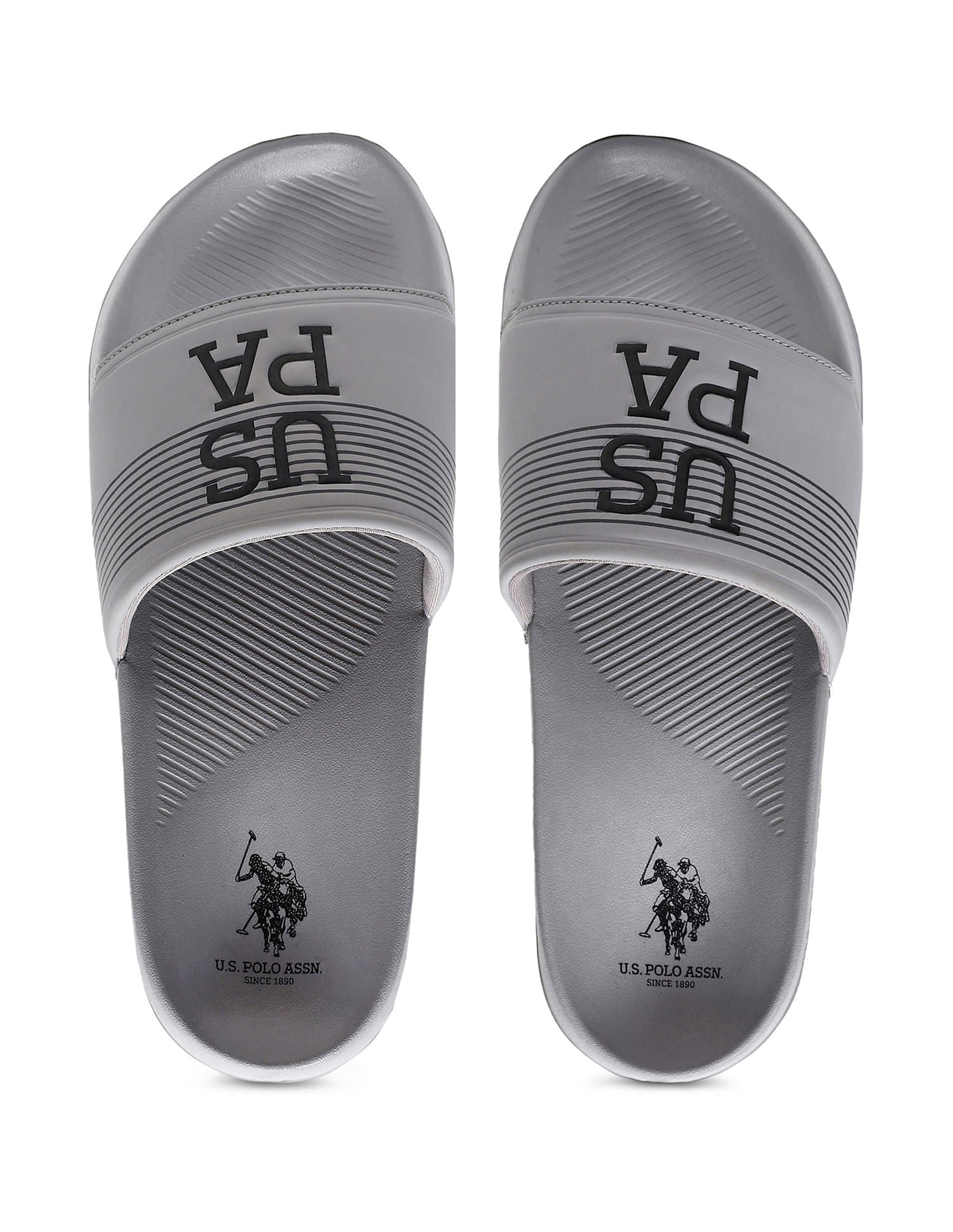 Men Brand Print Open Toe Beesley 6.0 Slides Grey - U.S. Polo Assn. India | Large