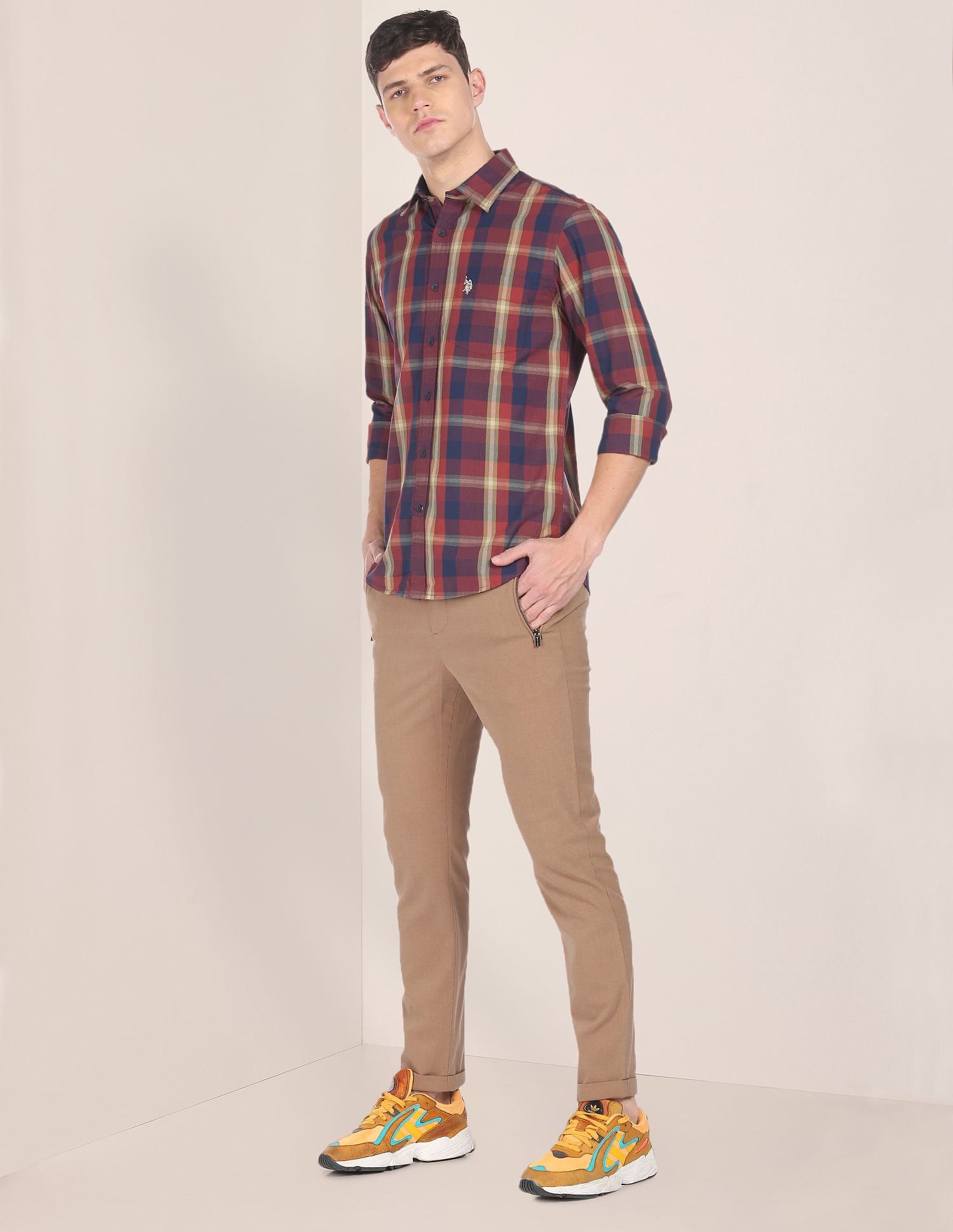 Men Maroon Spread Collar Check Casual Shirt Maroon - U.S. POLO ASSN. | Large