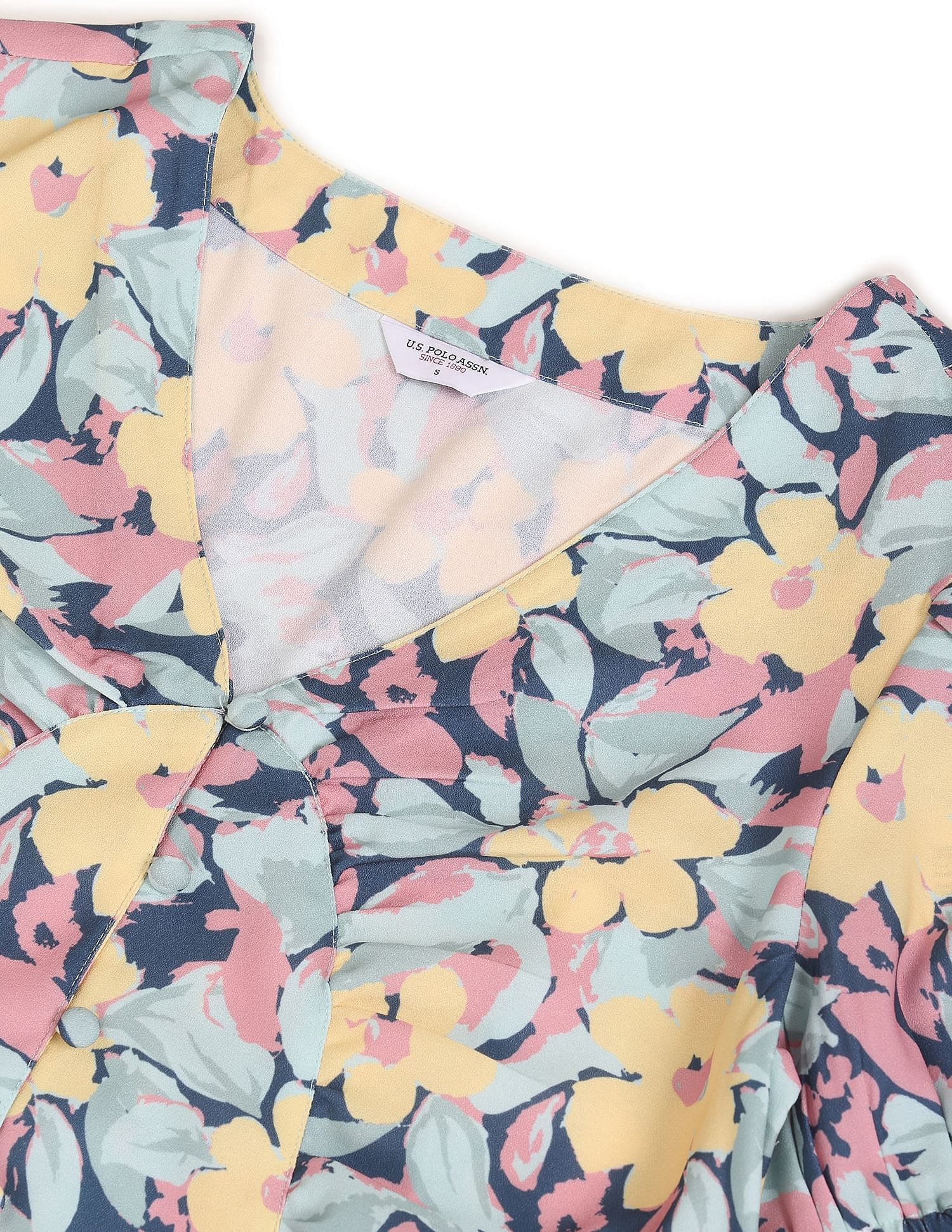 V-Neck Puff Sleeve Crop Top Yellow, Pink and Blue - U.S. Polo Assn. India | Large
