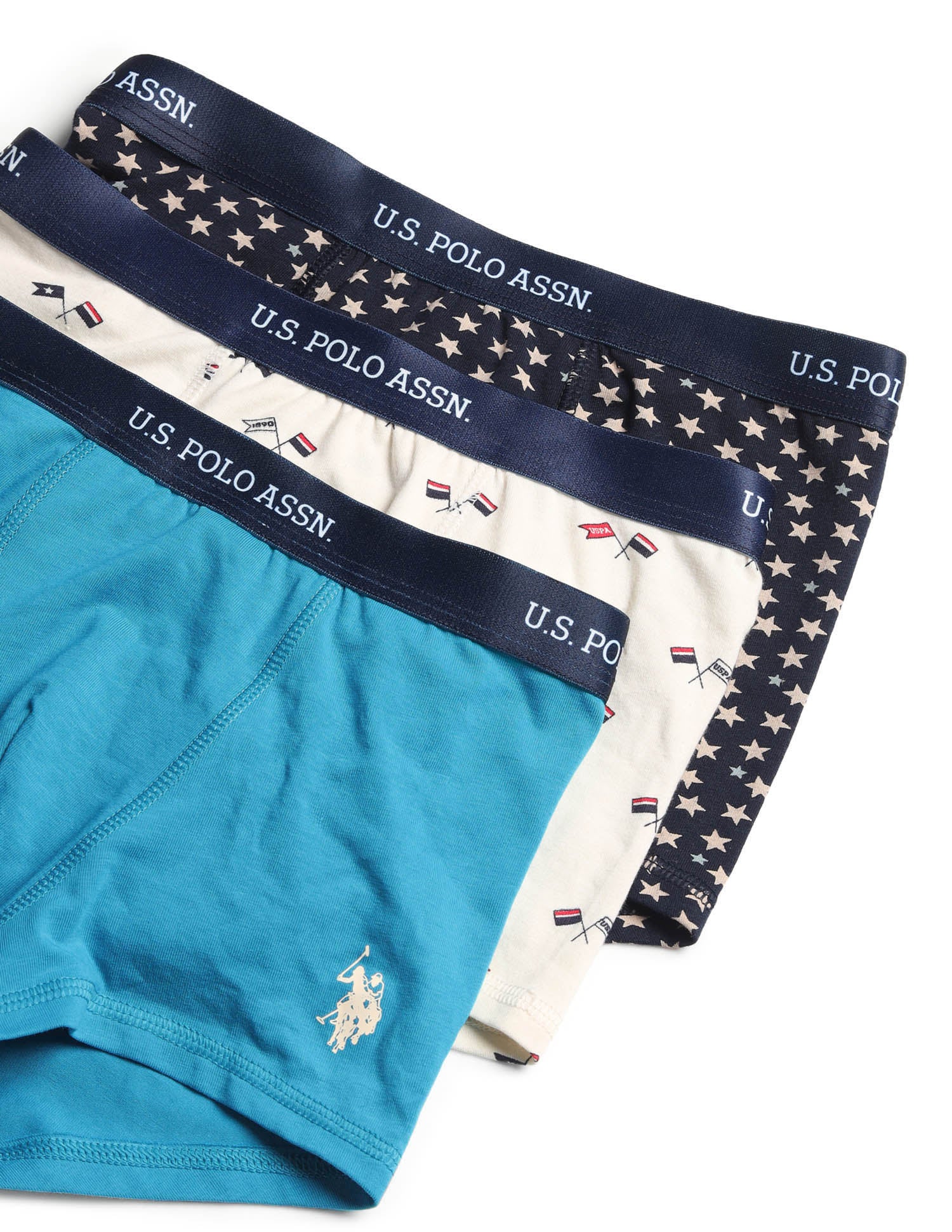 Boys Mid Rise Cotton Spandex Trunks - Pack Of 3 Navy, White and Blue - U.S. POLO ASSN. | Large