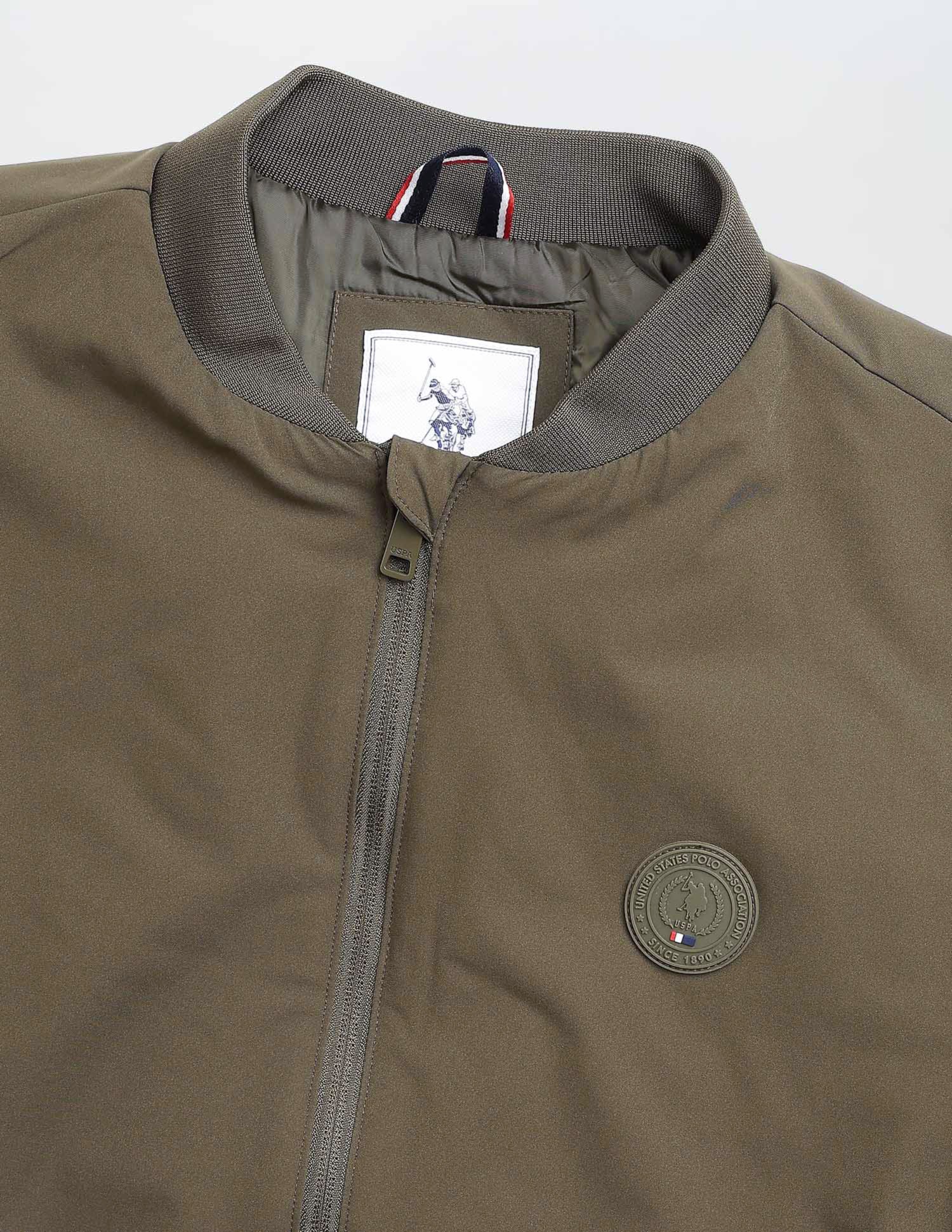 Solid Regular Fit Bomber Jacket Olive - U.S. Polo Assn. India | Large