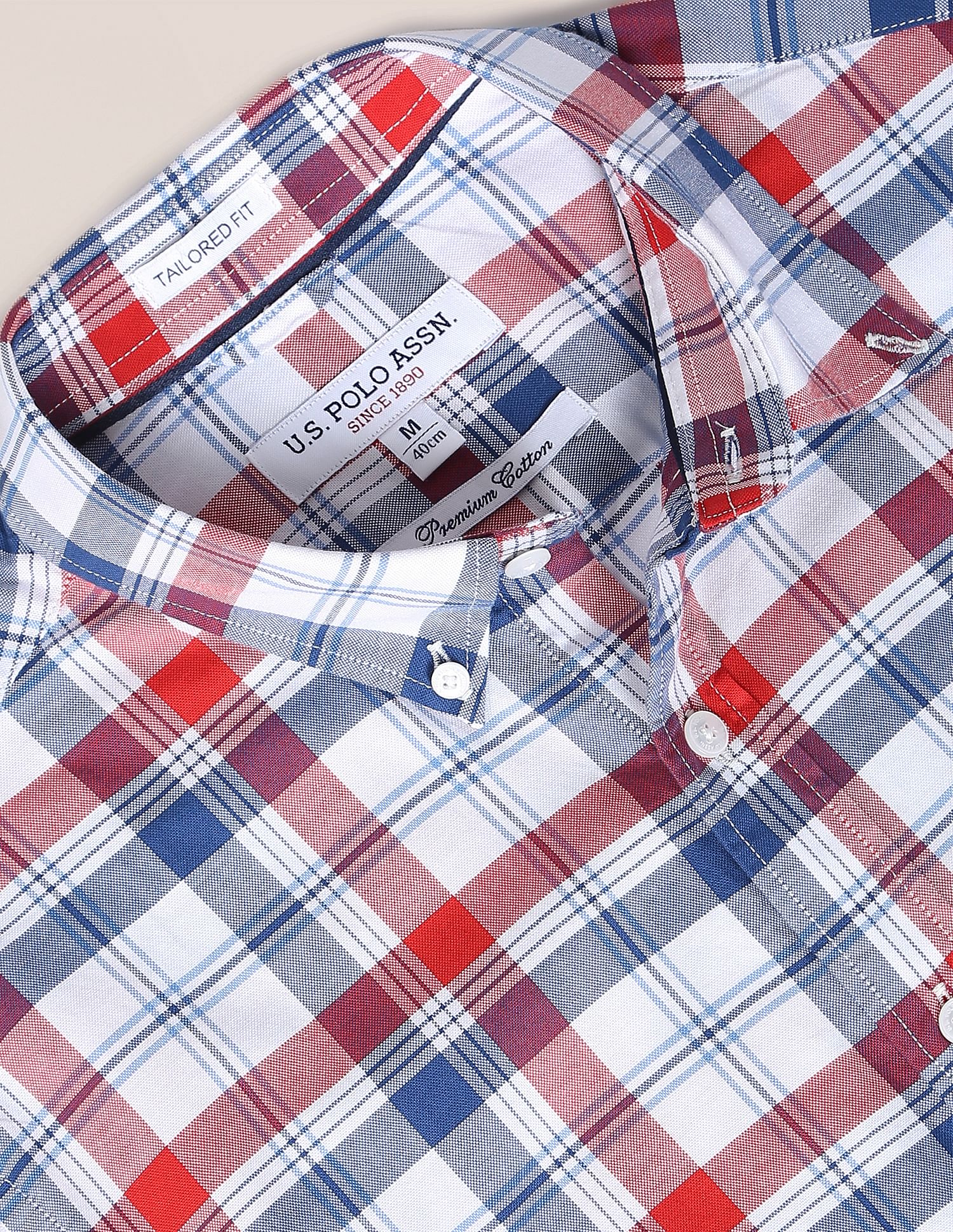 Men Red Twill Weave Premium Cotton Casual Shirt White, Red and Blue - U.S. Polo Assn. India | Large