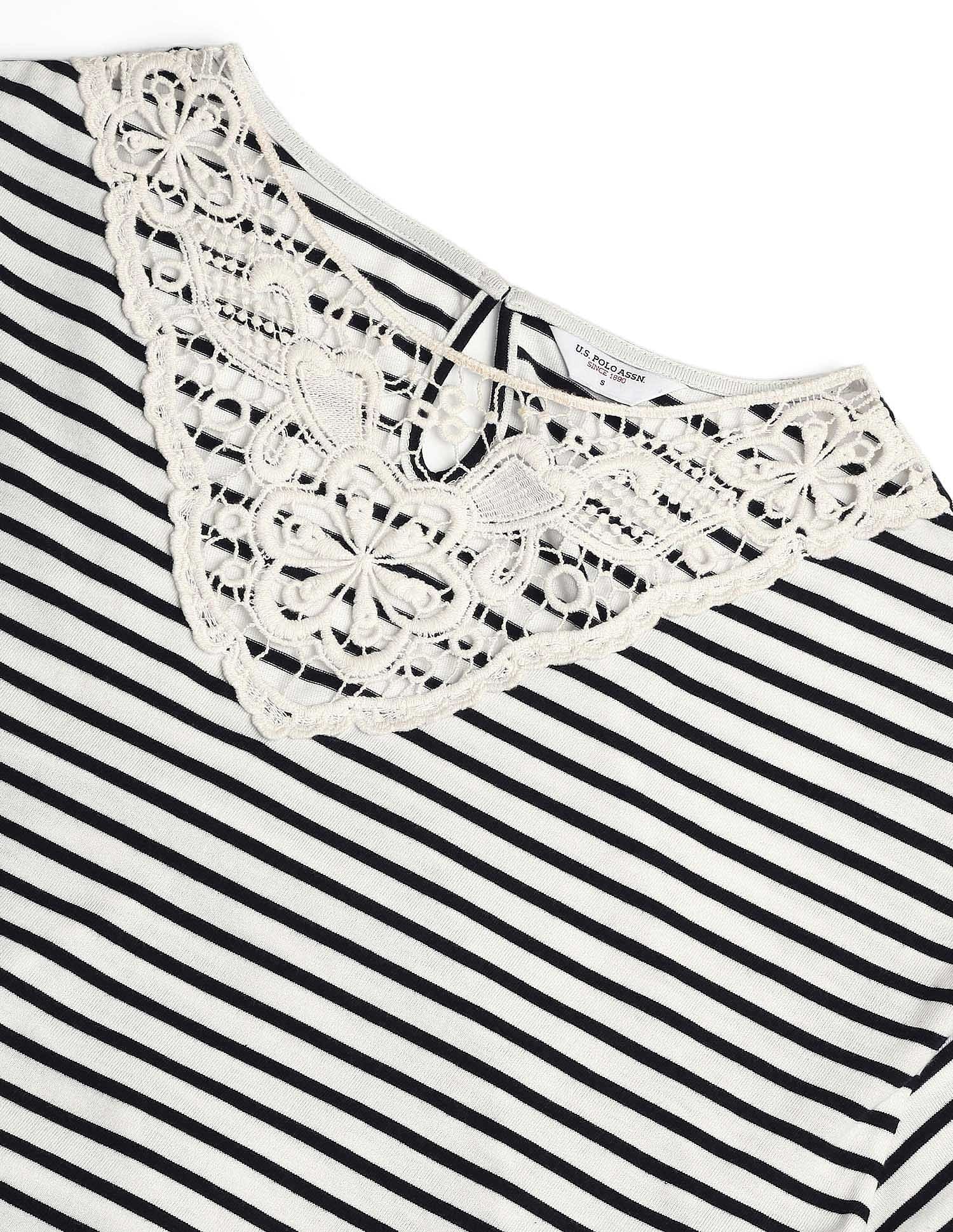 Lace Overlay Striped T-Shirt White - U.S. Polo Assn. India | Large